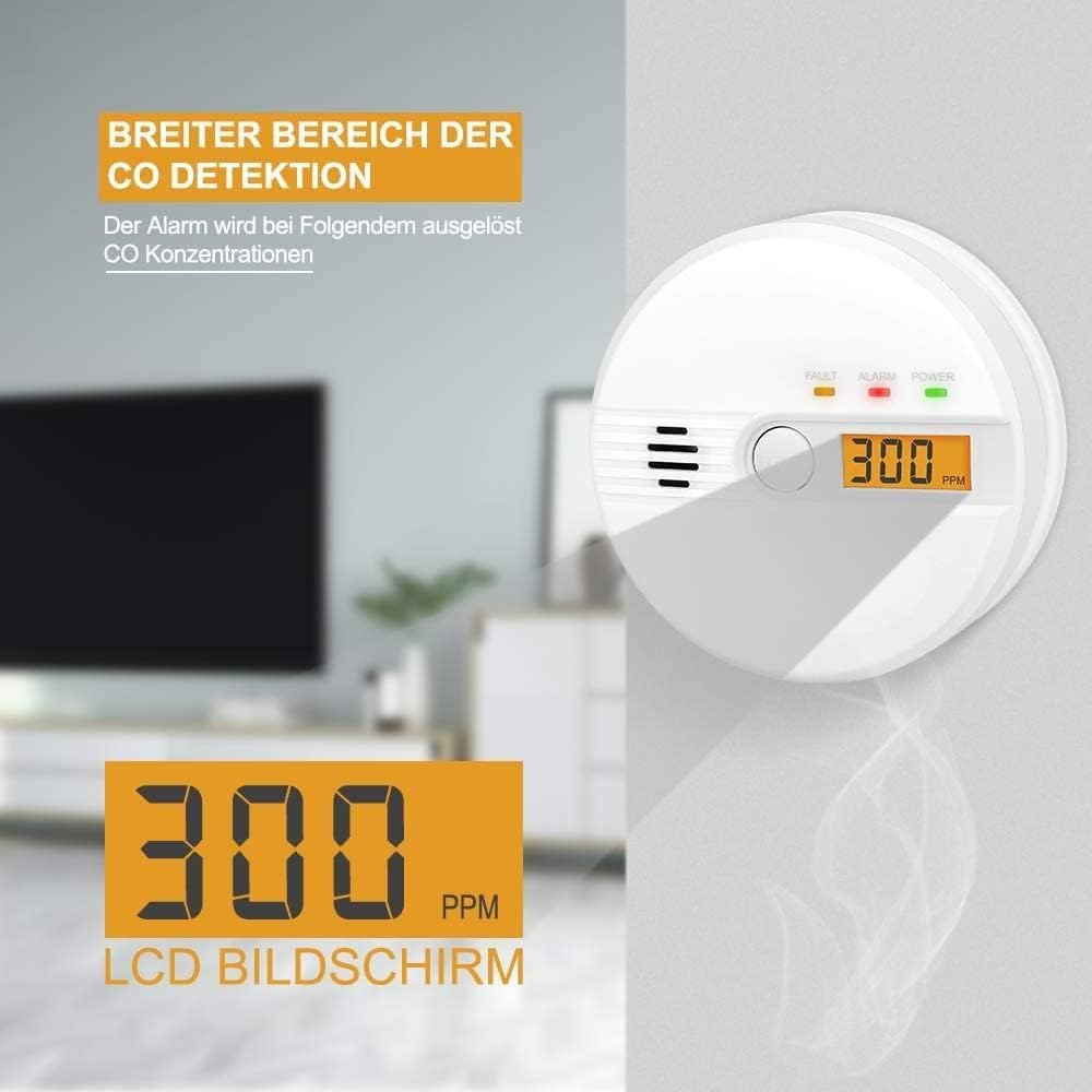 Detalle 2 de Kohlenmonoxid-Warnmelder mit LCD-Anzeige CO Melder (85 dB Alarm) für kontinuierliche Messung – Batteriebetrieb