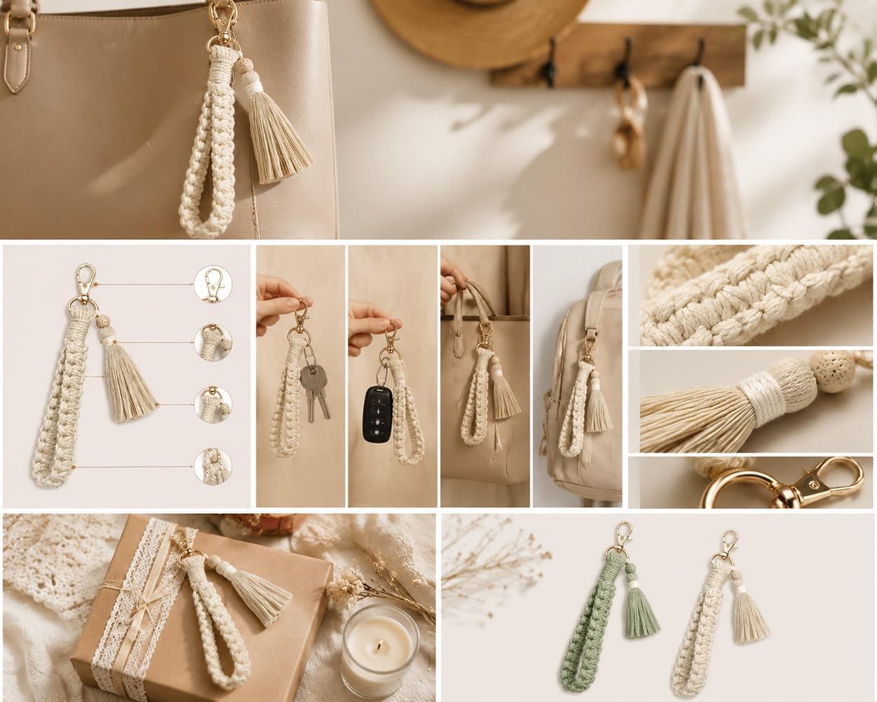 Detalle 2 de CHUQING Lot de 2 porte-clés en macramé fait à la main – blanc, 15 cm