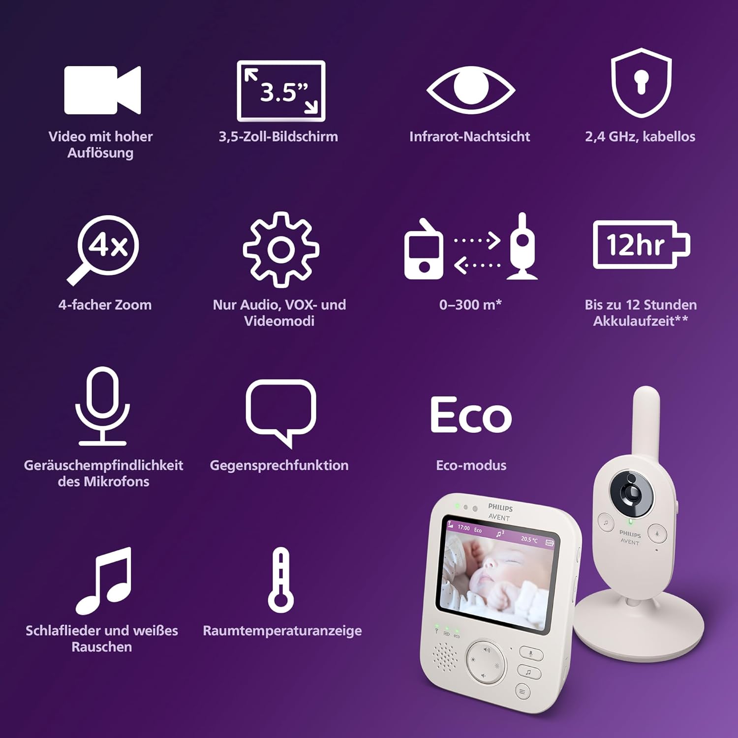 Thumbnail 2 de Philips Avent Babyphone mit Kamera SCD891/26 – 3,5" Display, x4 Zoom, Nachtsicht & Schlaflieder