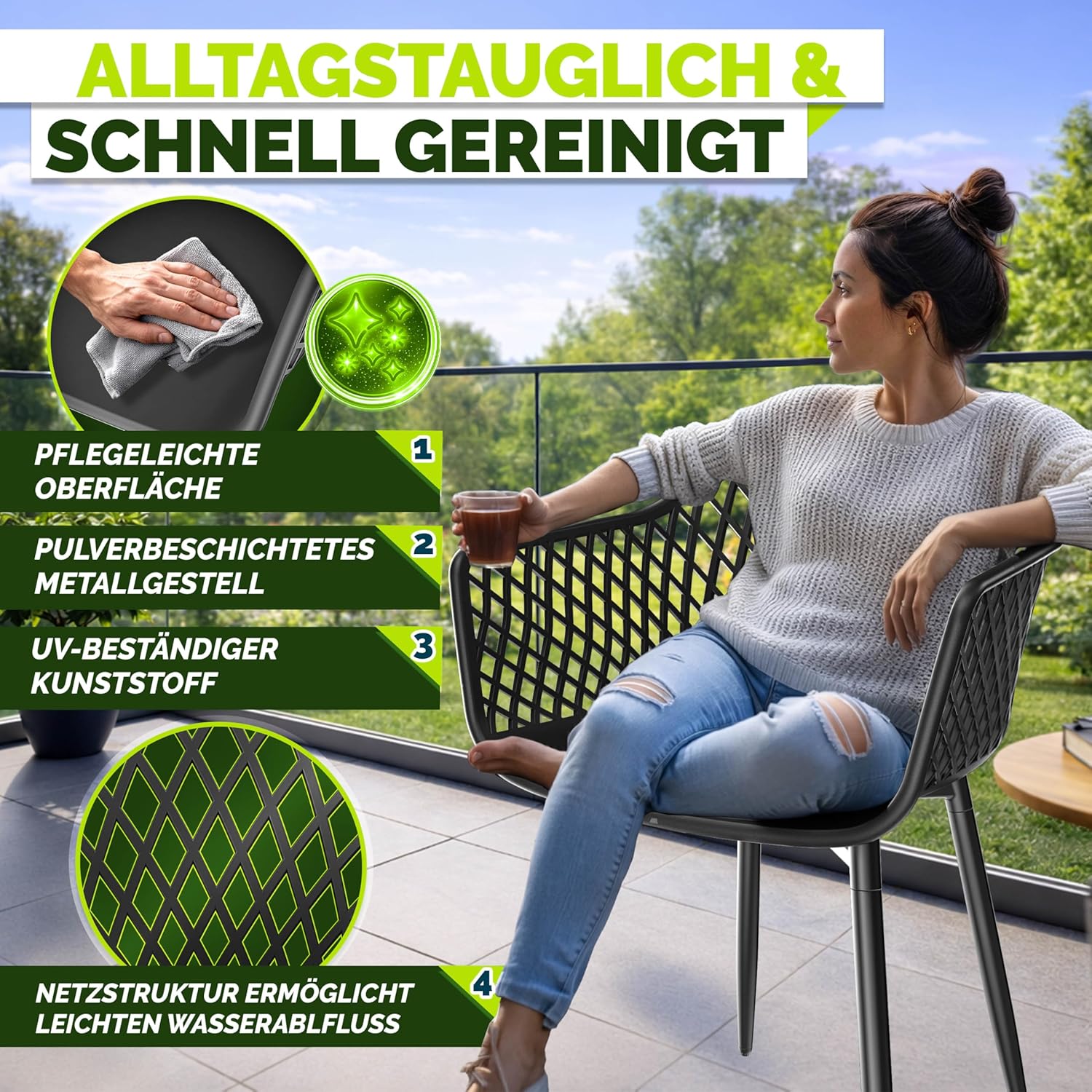 Thumbnail 4 de tillvex® Gartenstuhl 4er-Set mit Armlehne – wetterfest, UV-beständig, bis 120 kg