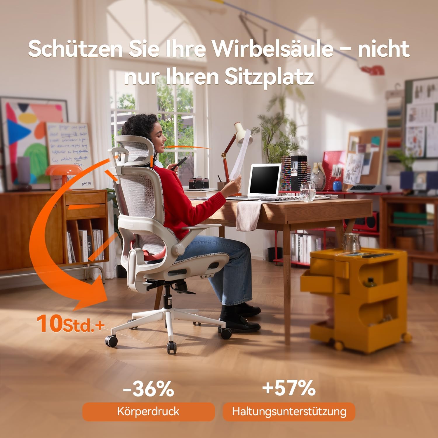 Detalle de SIHOO B100: Ergonomischer Bürostuhl mit dynamischer Lordosenstütze, breiter Kopfstütze und klappbaren Armlehnen