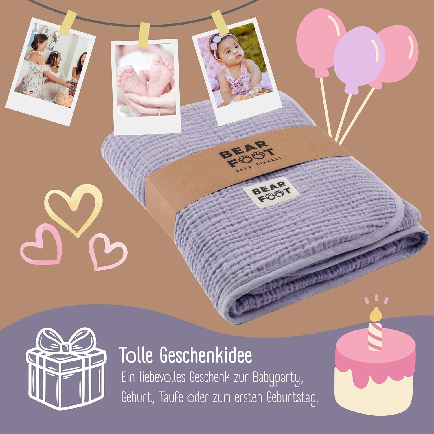 Thumbnail 4 de BEARFOOT Babydecke Musselin-Fleecedecke (Baumwolle & Fleece) in Lavendel – 2-seitig für Baby, Neugeborene und Kinder