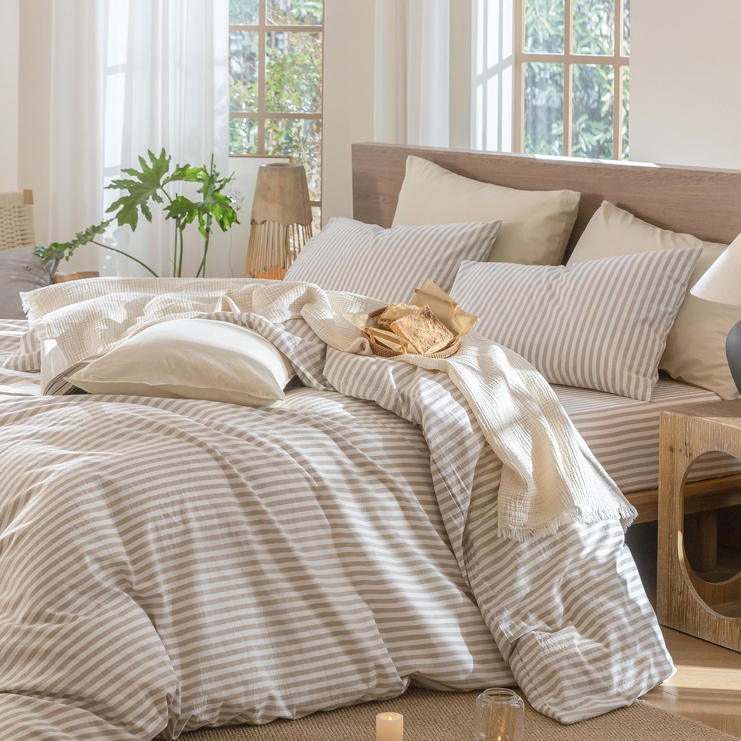 Thumbnail 2 de MooMee Striped Duvet Cover Set in Washed Cotton (Queen 90"x90")