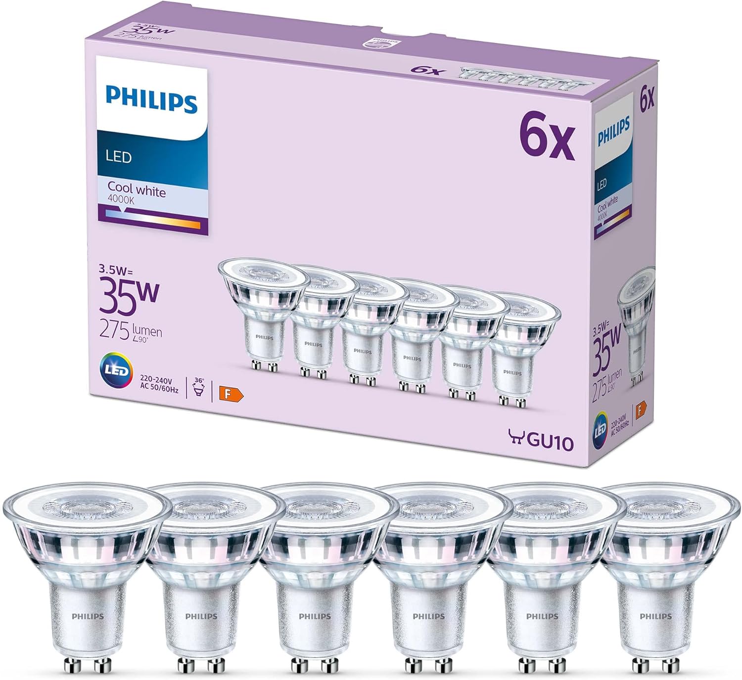 Detalle de PHILIPS LED Classic Spot Light Bulb 6 Pack (GU10) 35W, Cool White 4000K, Non-Dimmable