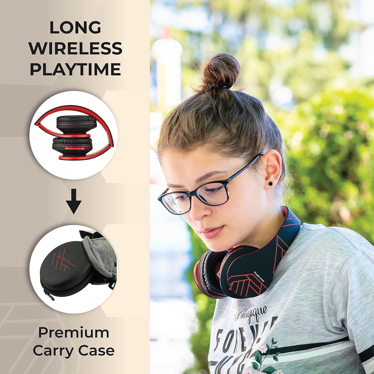 Detalle de PowerLocus Bluetooth Over-Ear Headphones (Black/Red) with Mic, Foldable Design & MicroSD/TF