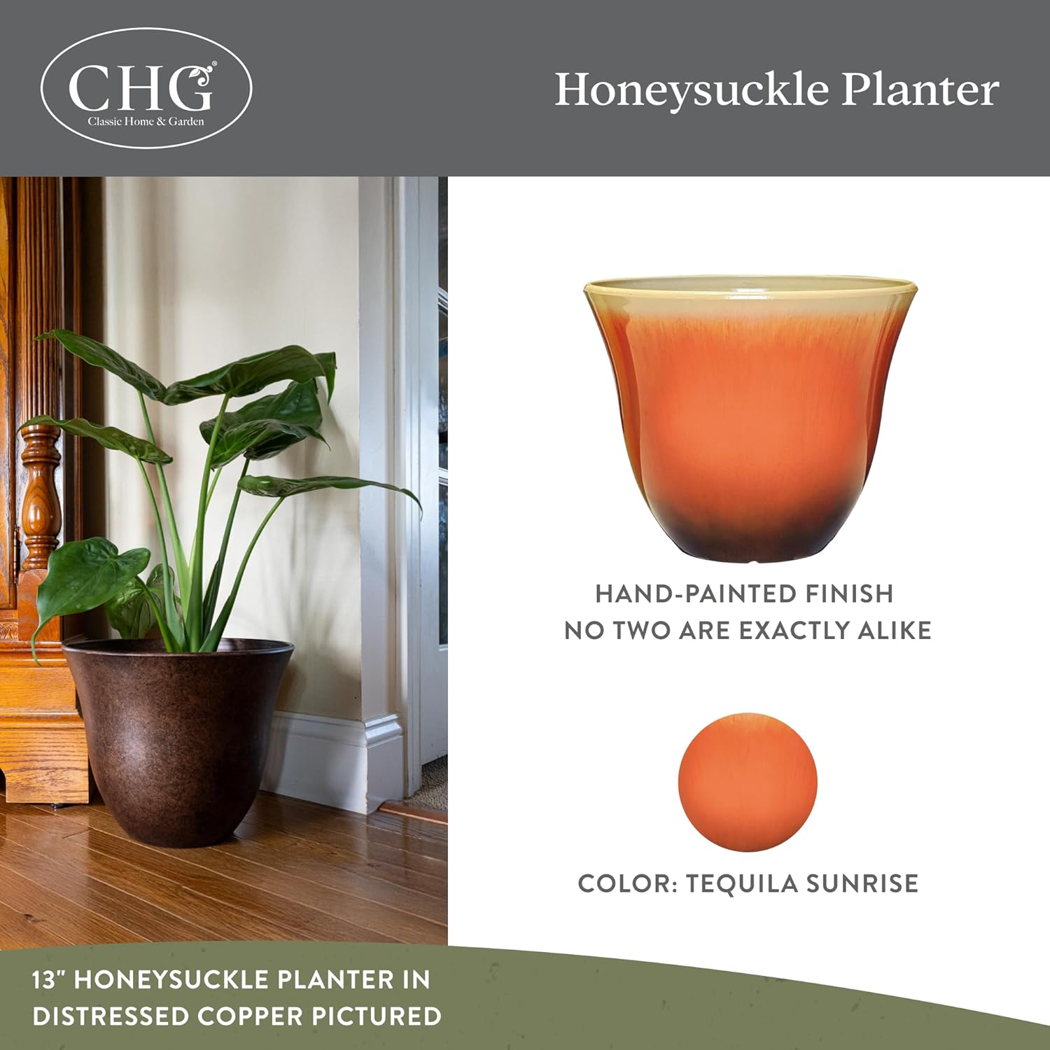 Detalle de Classic Honeysuckle Resin Planter: 15-Inch Lightweight UV-Resistant Flower Pot (Tequila Sunrise)