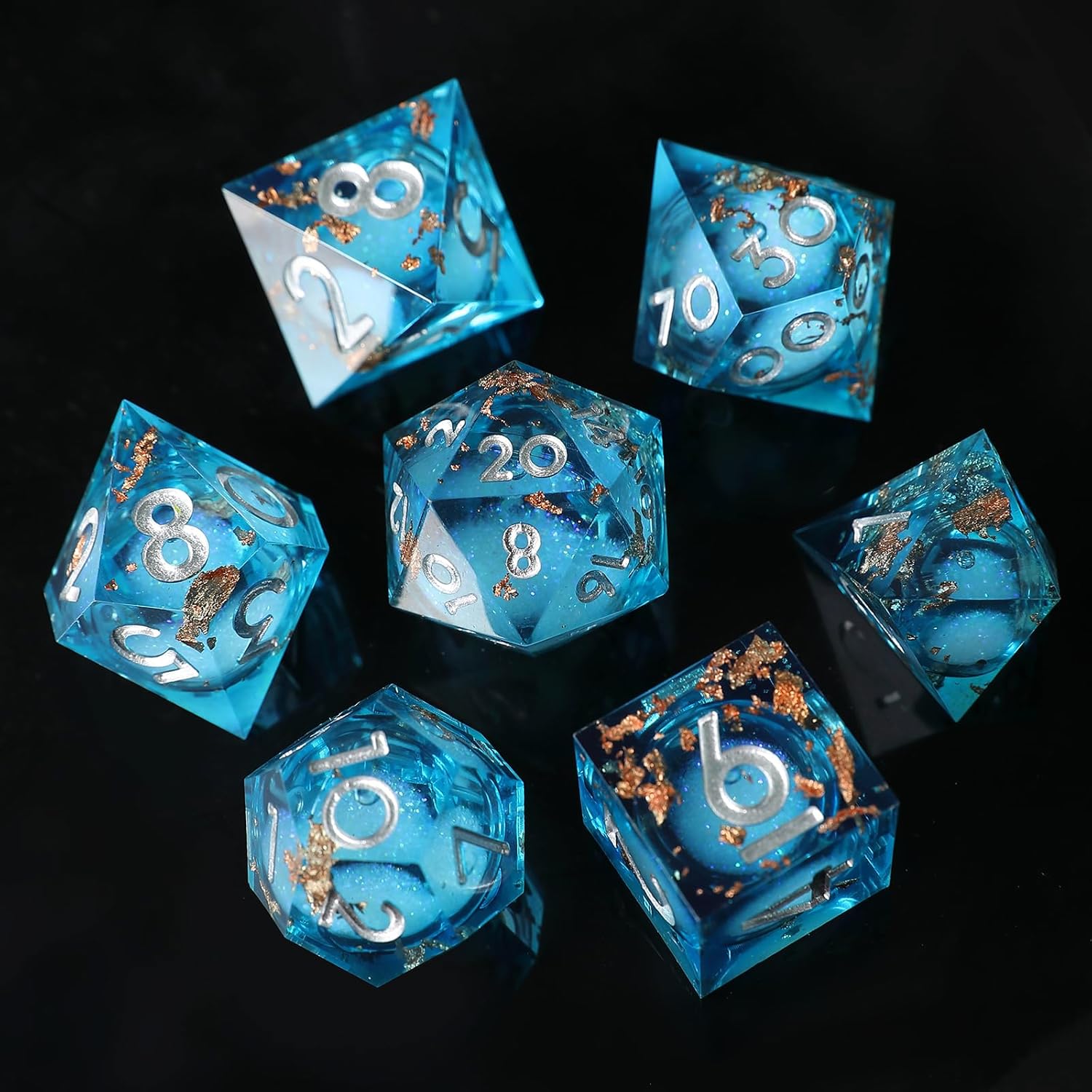 Thumbnail 1 de Elifel Liquid Core DND Dice Set 7pcs – Gold Foil Themed Resin Dice