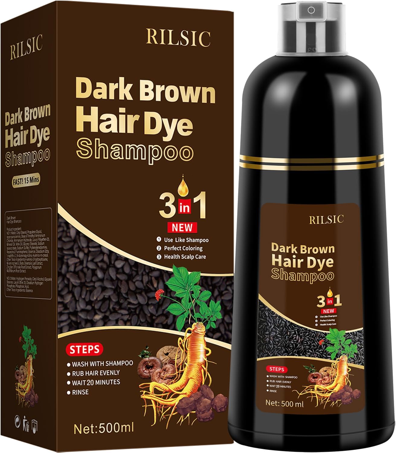Detalle de Dark Brown Hair Dye Shampoo 3 in 1 – Nero per Capelli Bianchi, 500ML