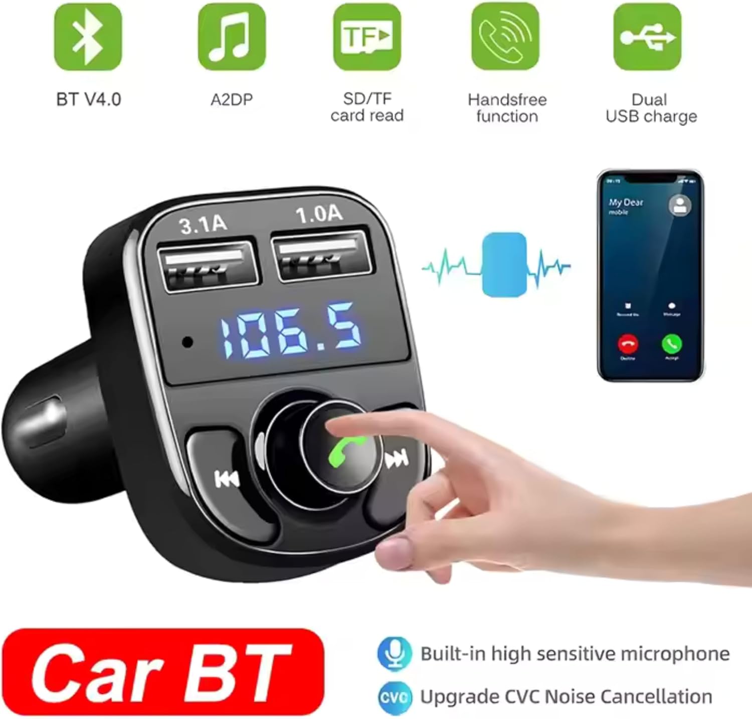 Detalle 2 de FM Transmitter, Bluetooth 5.3 Car Adapter with Dual USB Ports and Type-C Fast Charging