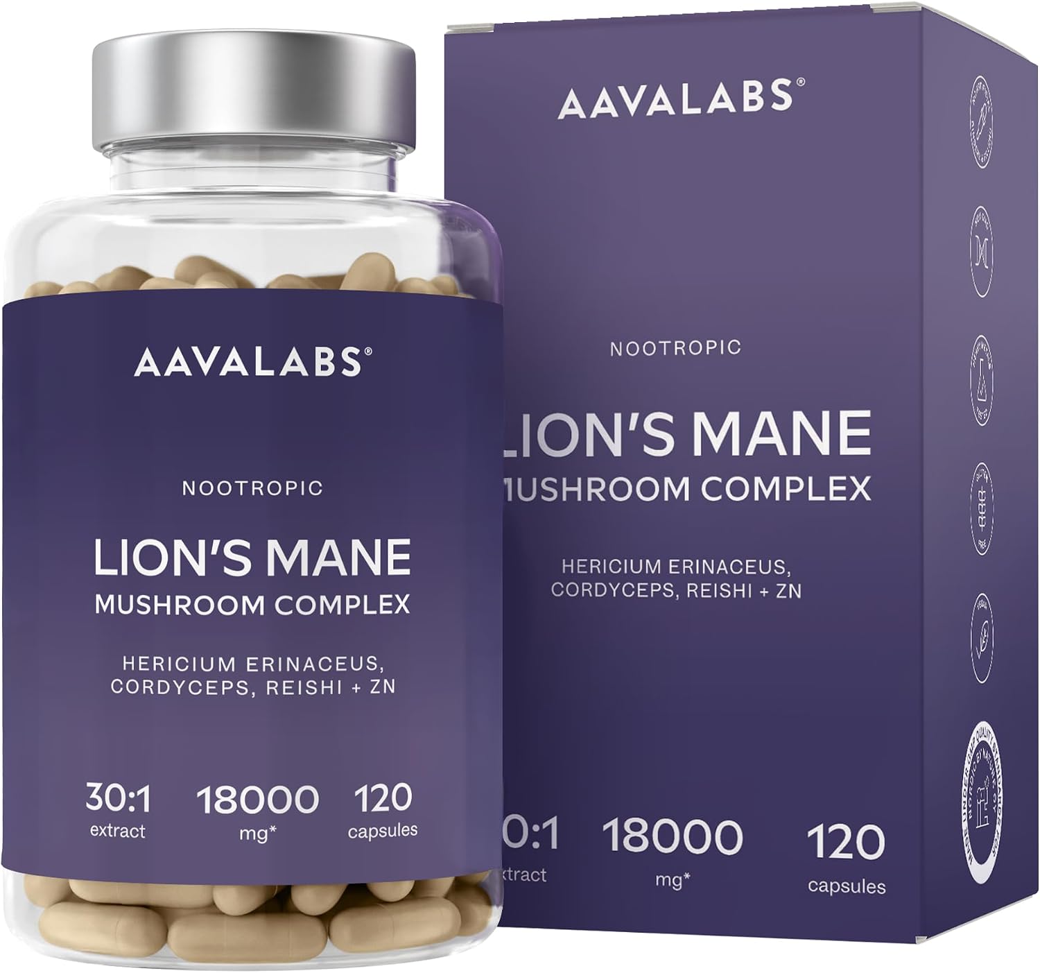 Detalle de AAVALABS Pruikzwam supplement met 30:1-extract, zink, Reishi en Cordyceps