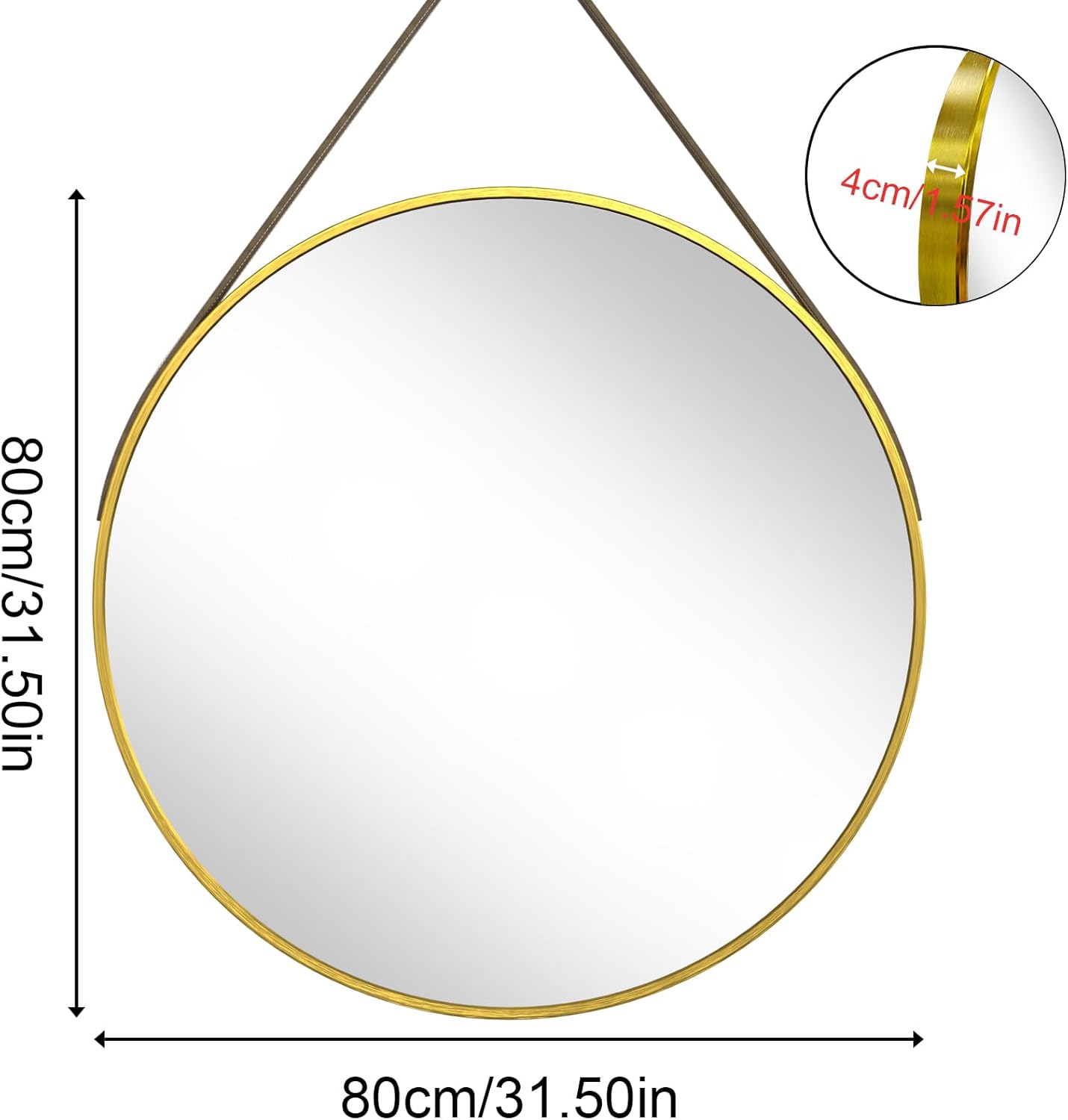 Detalle 2 de Artloge Spiegel Rund Gold 80 cm – Wandspiegel mit Metallrahmen und Lederband