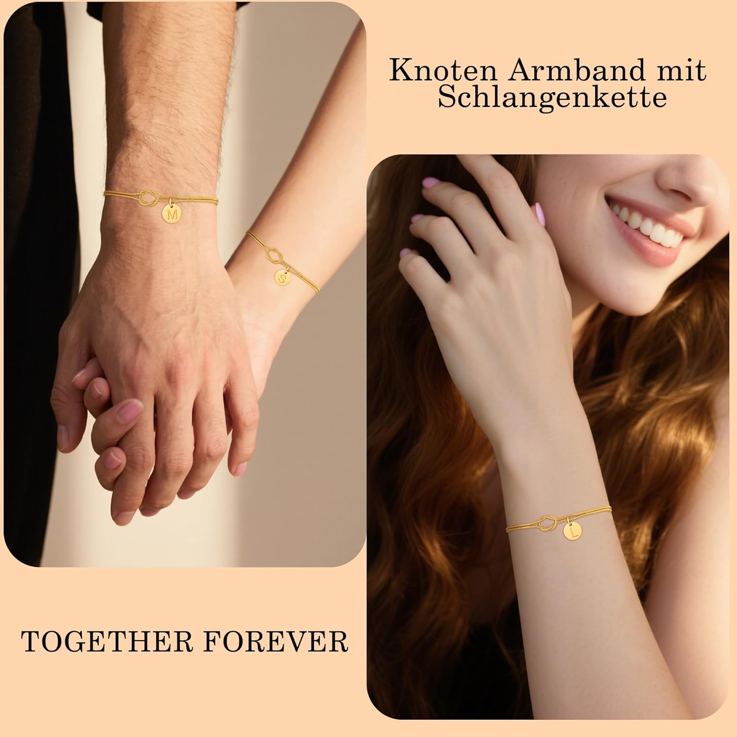 Detalle de Armband Damen Gold mit Liebesknoten und Buchstaben – 14K Vergoldet, personalisierbar
