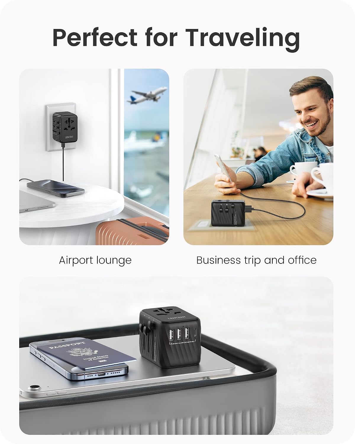 Thumbnail 6 de LENCENT 5 en 1 Adaptateur de Voyage Universel — 3 USB-A et 1 USB-C, Prise Internationale Type A/C/G/I