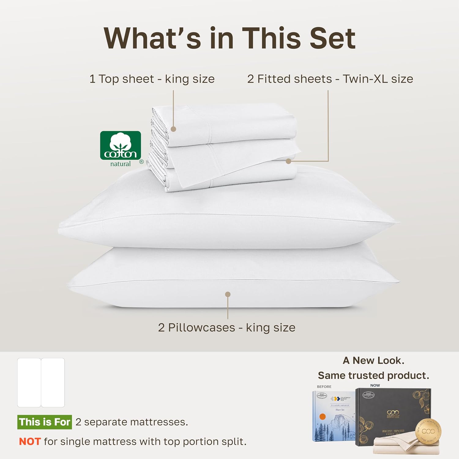 Detalle de California Design Den Split King Sheet Set for Adjustable Bed (Buttery Soft 800-Thread Count Cotton Sateen) - White