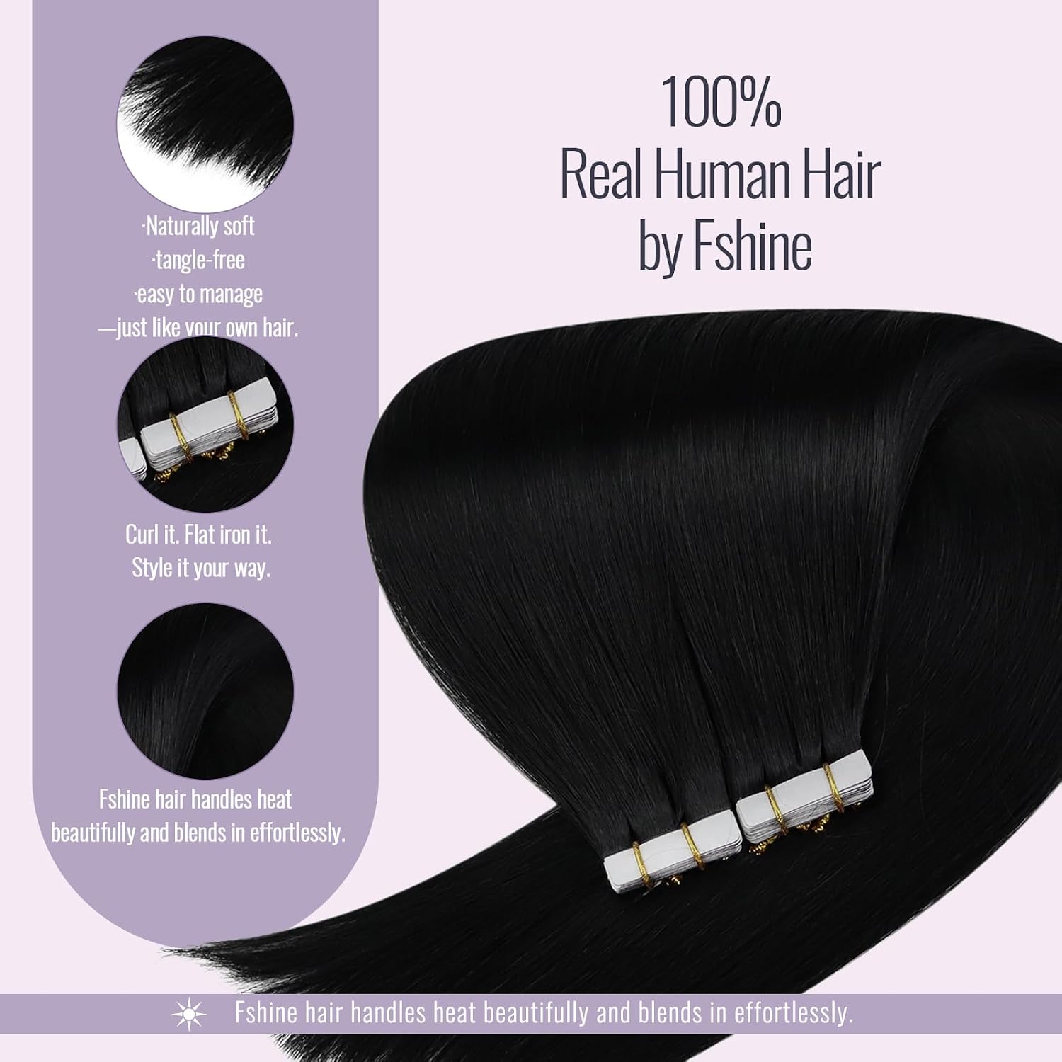 Detalle 2 de Fshine Tape-in Extensions Echthaar Tiefschwarz (30 g, 20 Stück) – Remy-Haar mit doppelseitigem Klebeband