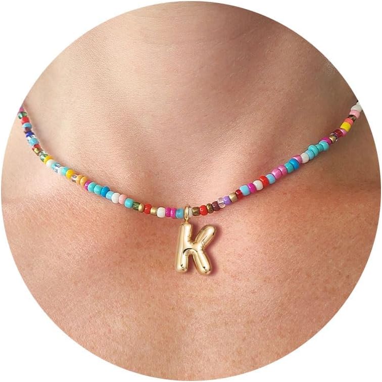 Detalle de HANLI Colorful Initial Necklace with Gold Bubble Pendant – Adjustable Beaded Boho Necklace for Girls & Women