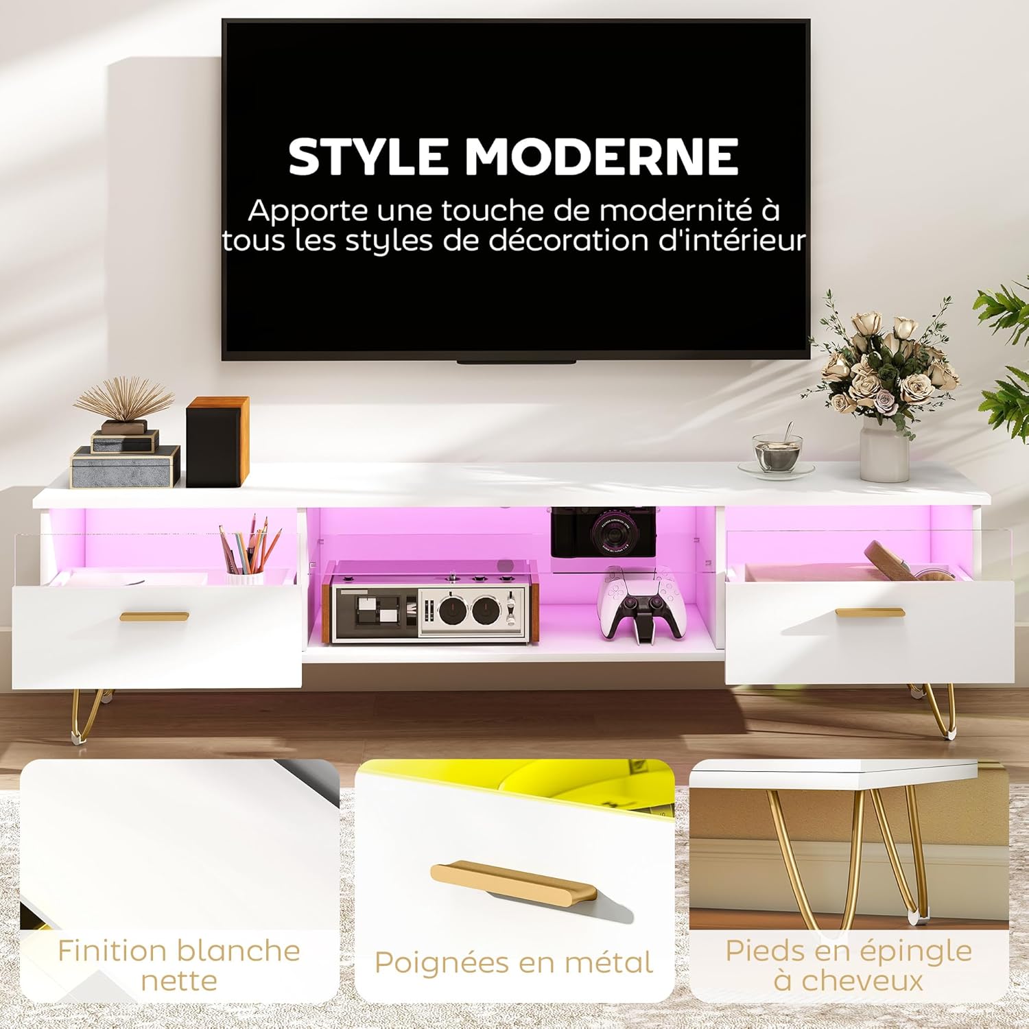 Thumbnail 4 de HOMCOM Meuble TV Blanc avec LED RGB à 16 couleurs, 160 cm – Éclairage d’ambiance et rangement moderne pour TV 42–120 pouces