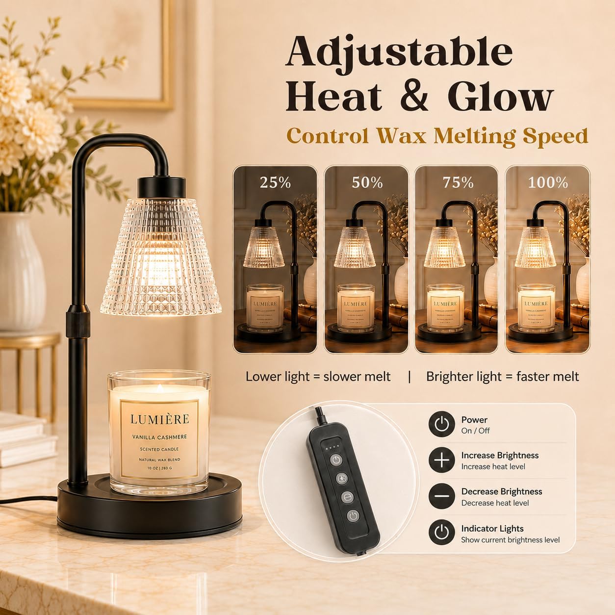 Thumbnail 4 de Candle Warmer Lamp with Timer and Dimmer – Height Adjustable, Flameless Wax Melt Burner for Large Jar Candles