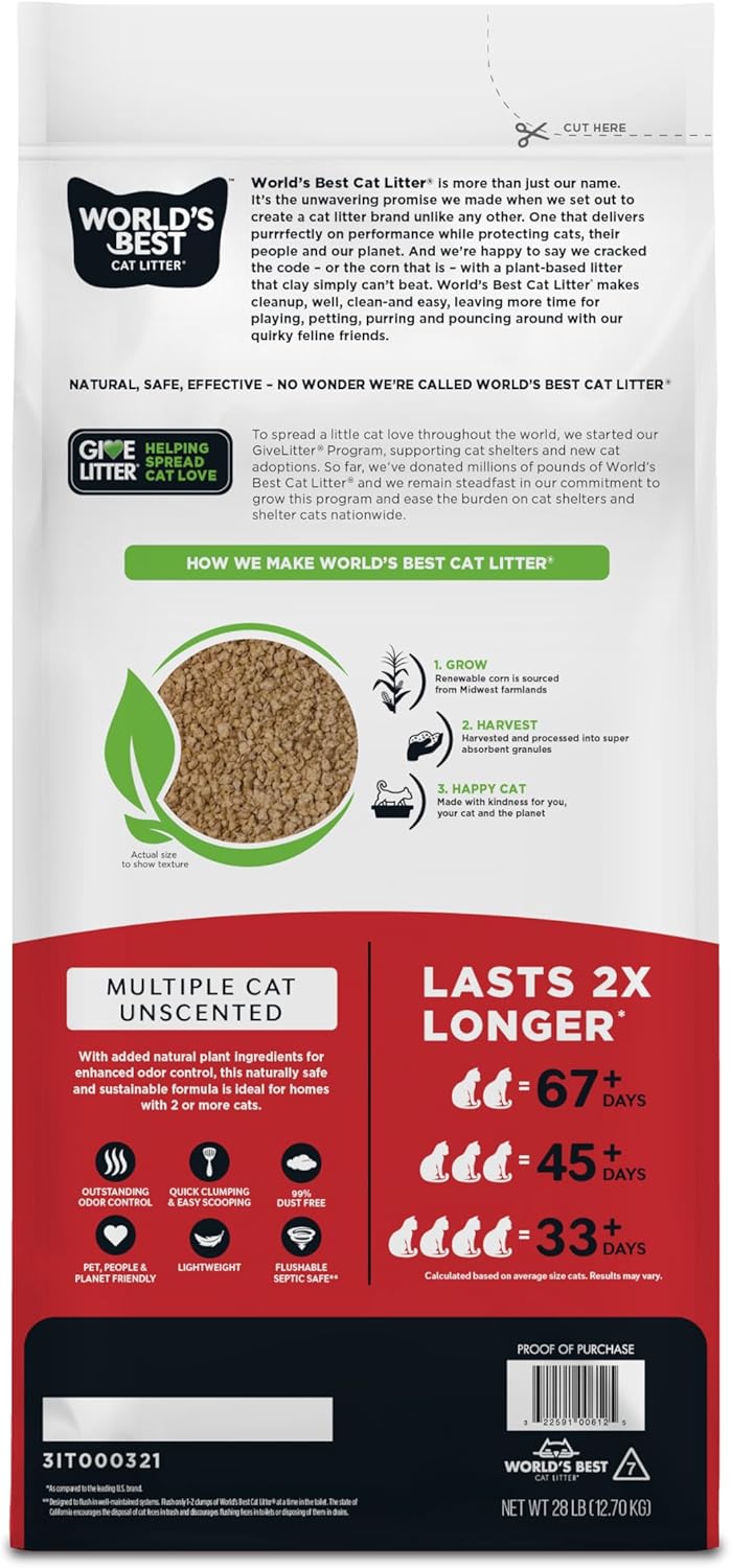 Detalle de WORLD'S BEST CAT LITTER Multi‑Chats sans Parfum – Litière légère, 28 sacs, à base de maïs, 99% sans poussière et jetable dans les toilettes