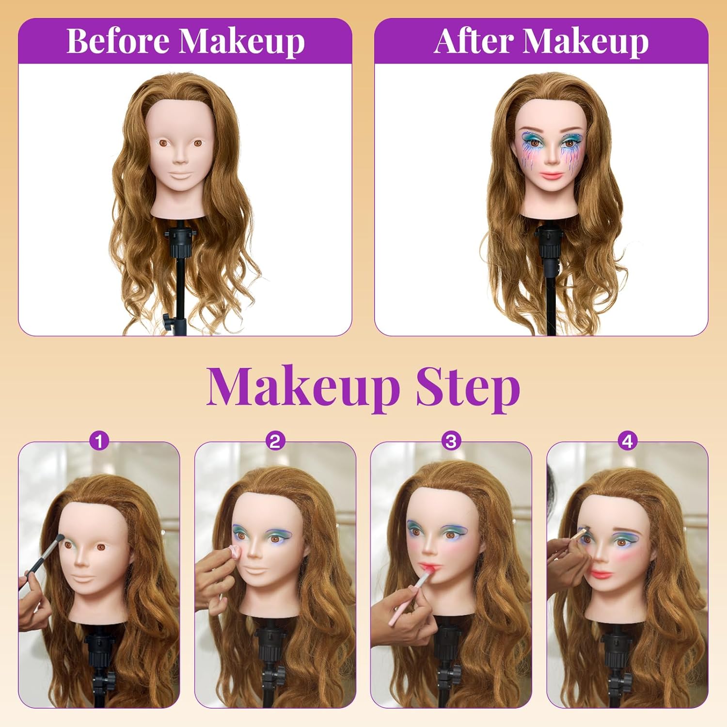 Detalle de Mannequin Head with 80% Real Human Hair + Tripod Stand for Hair Styling and Training