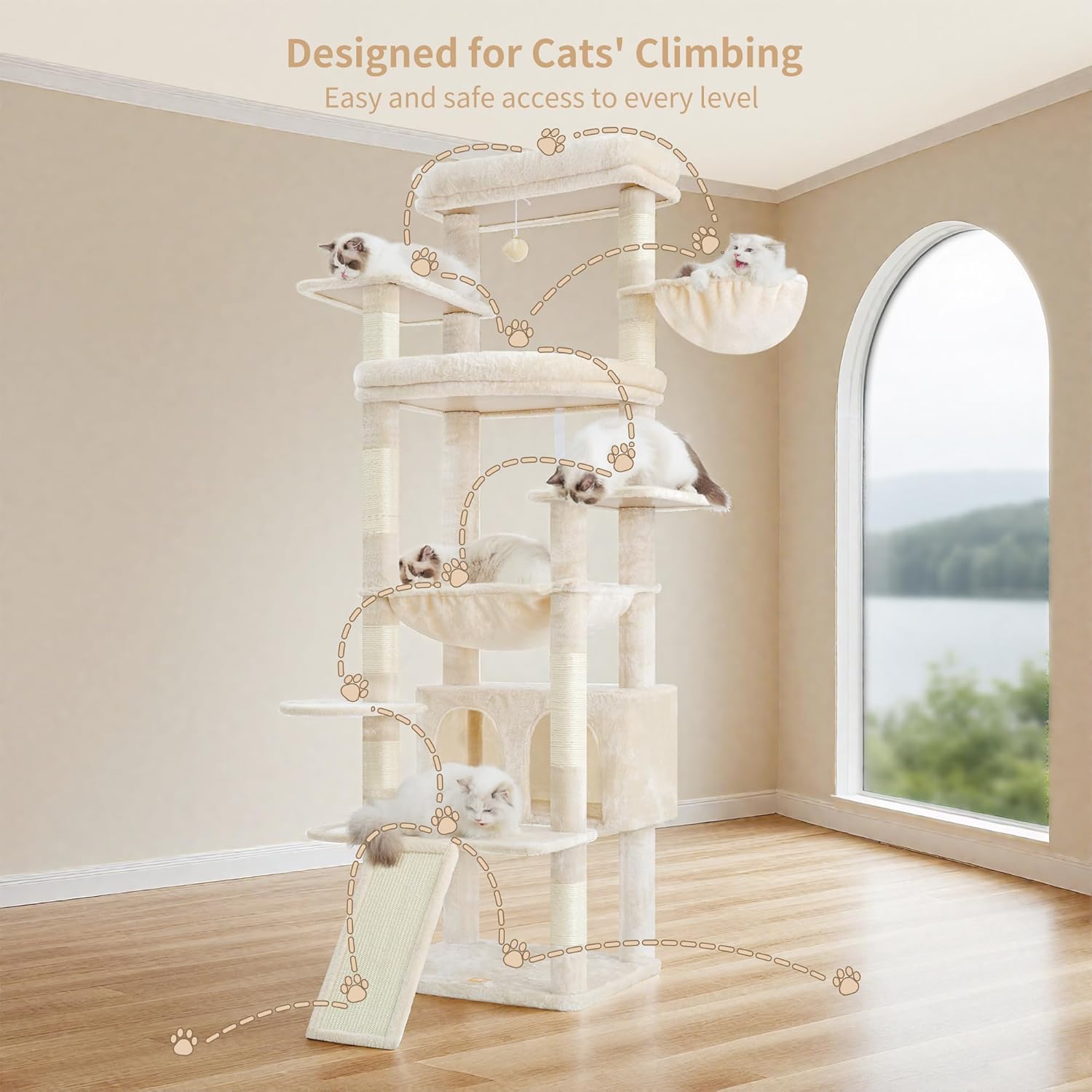 Detalle de Heybly Tall Cat Tree for Large Cats (202 cm) – Multi-Level Indoor Cat Tower with Large Baseboard, Two Plush Top Perches and Big Condo