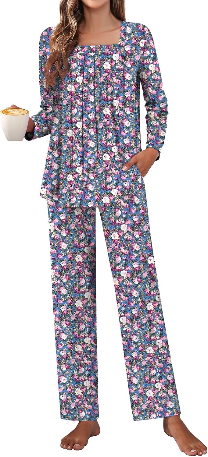 Detalle de Tencede Women's Pajama Set, Long Sleeves, Square Neck and Side Pockets