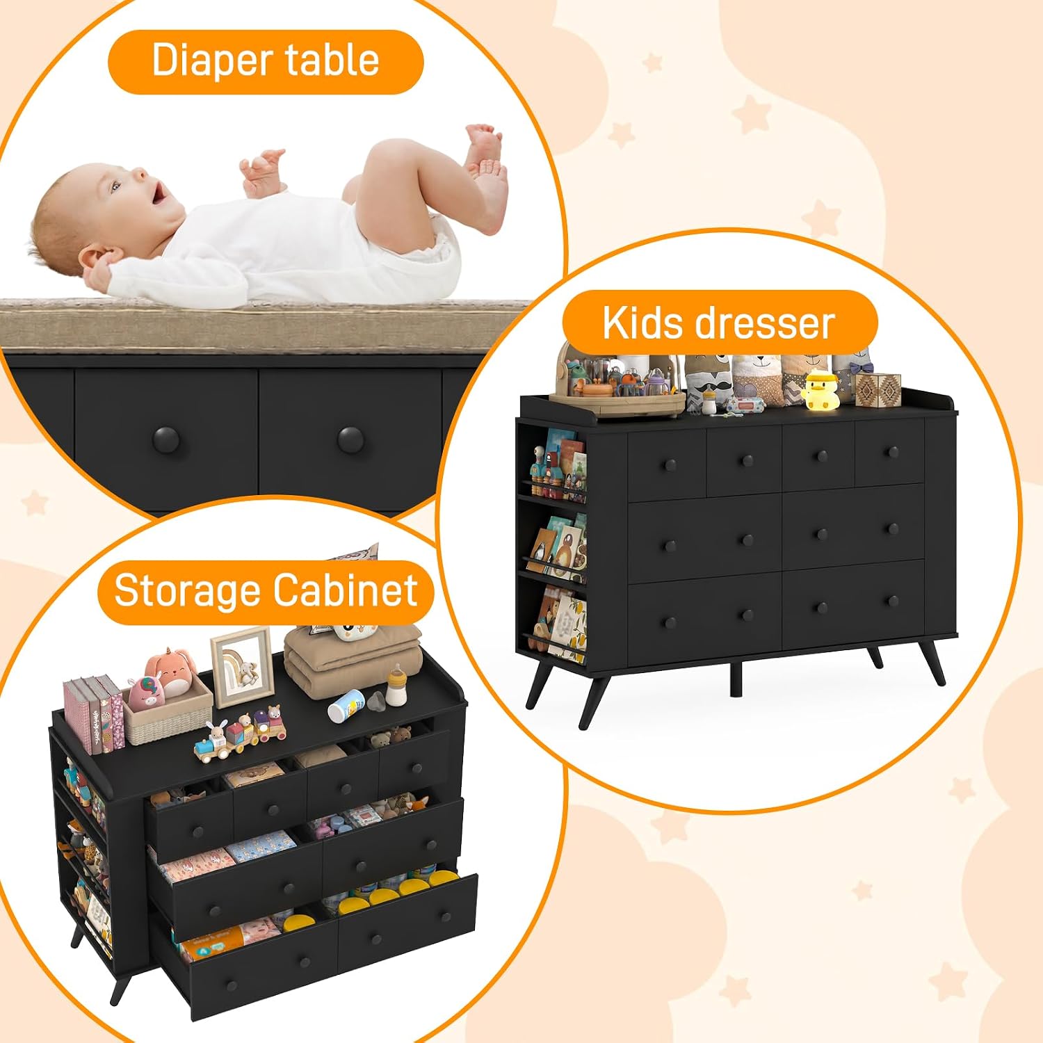Detalle 1 de Vabches Baby Dresser, Black Kids' Dresser with Raised-Edge Top and Storage