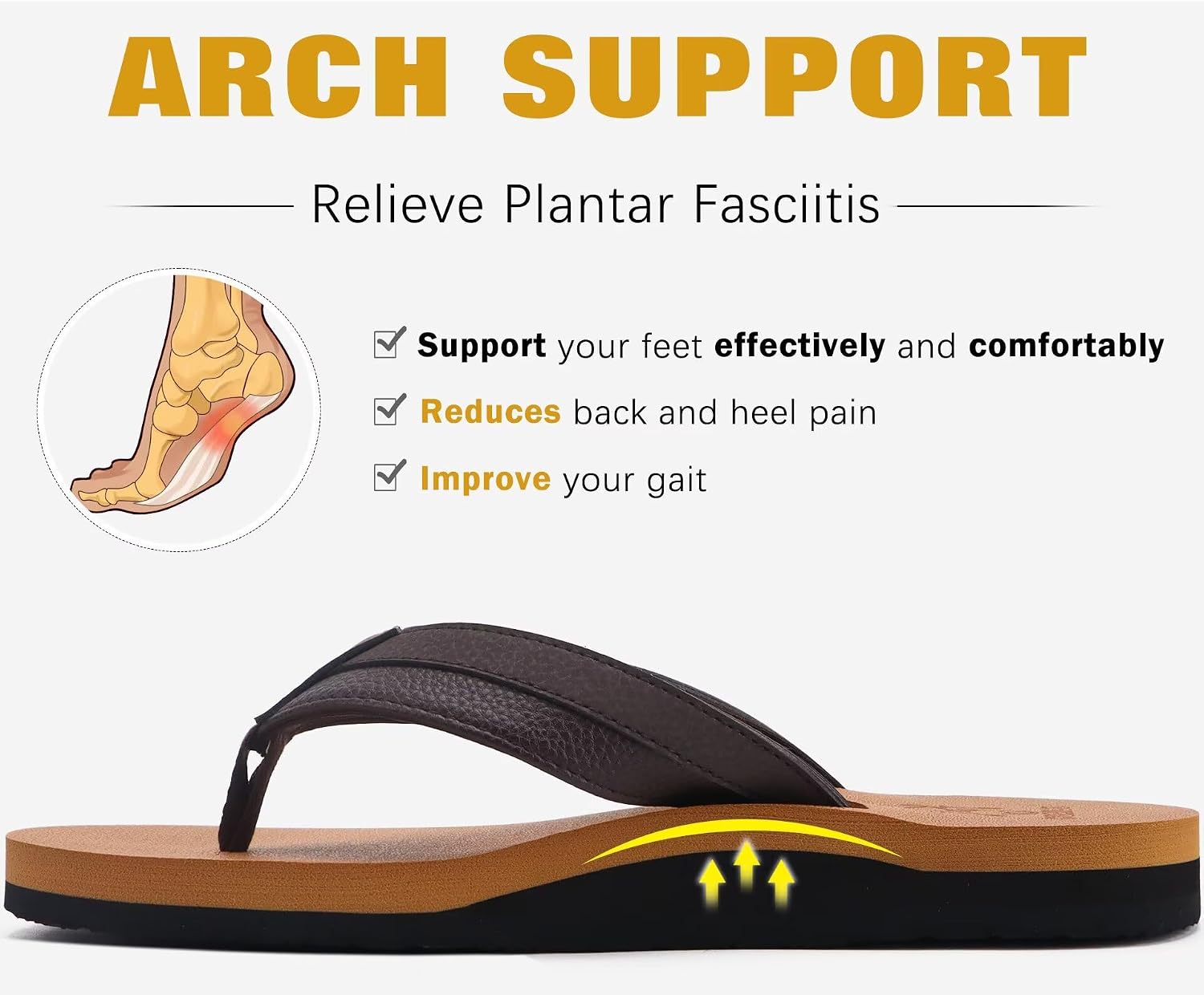Detalle 1 de KuaiLu men’s leather flip flops with arch support, cushioned yoga foam and non-slip wide fit