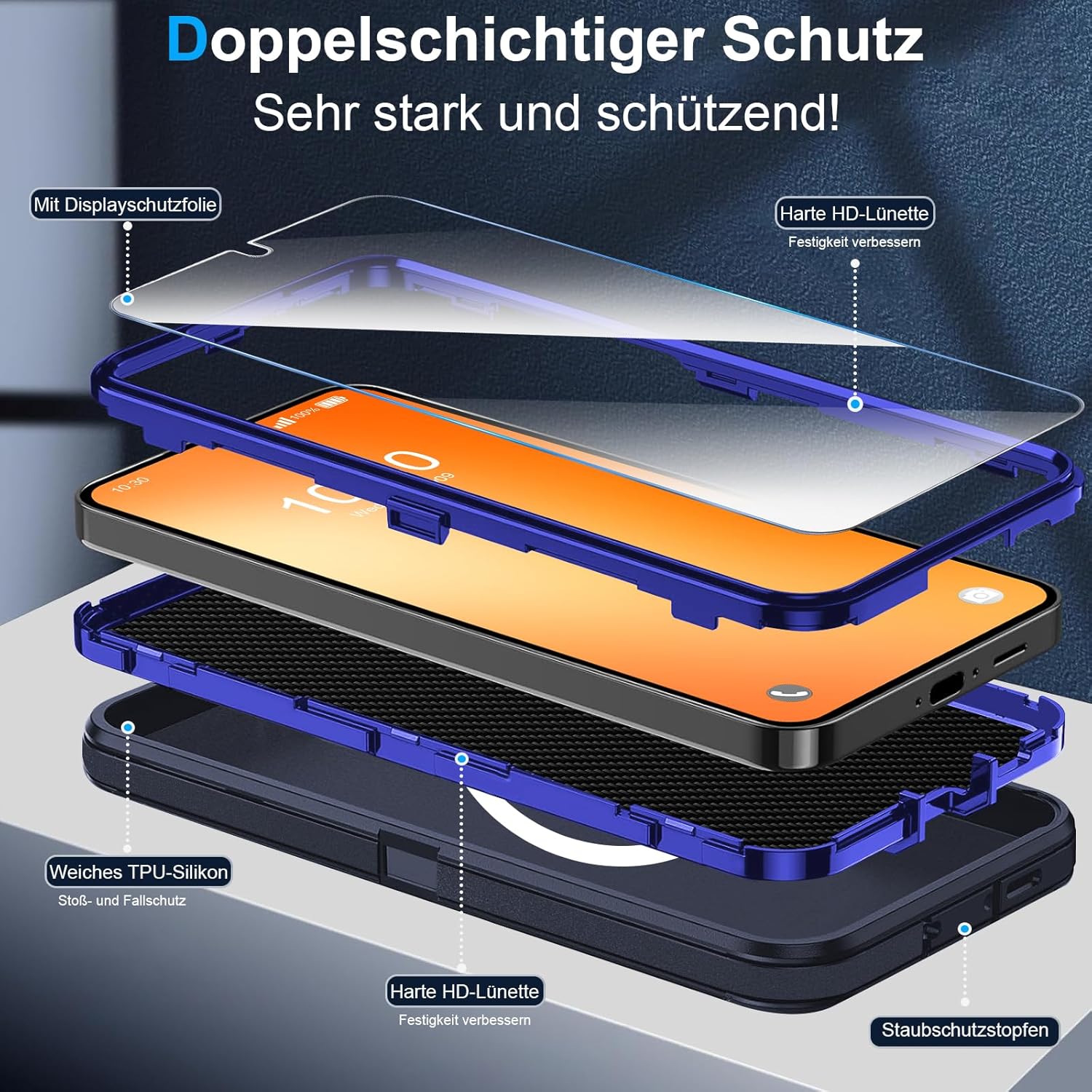 Thumbnail 3 de Giyer Handyhülle für Samsung Galaxy A54 5G – 360° stoßfest mit Displayschutz, Schutzfolie & Magnetring (Blau)