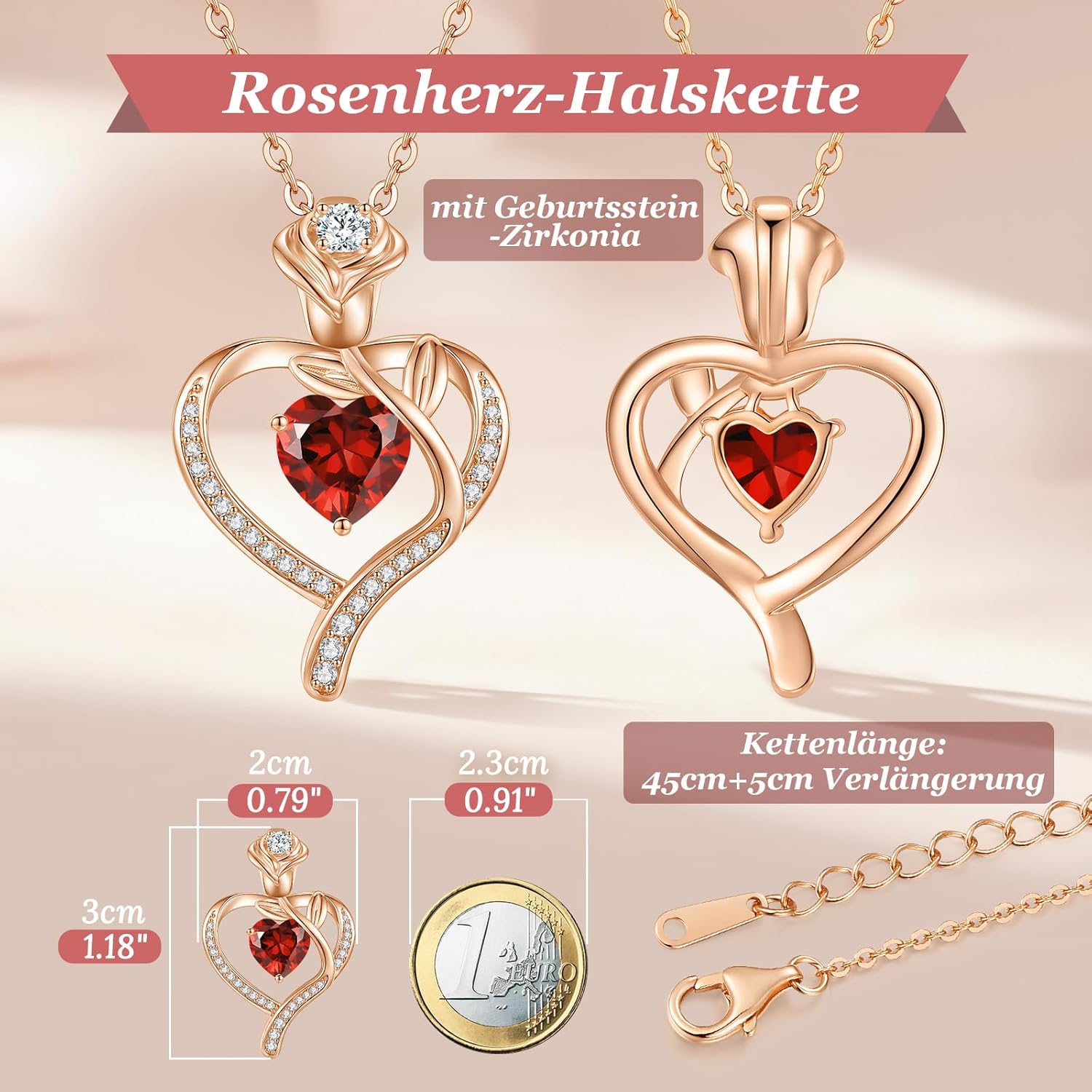 Thumbnail 3 de CDE Halskette Damen Rosegold Herz Kette mit Geburtsstein – Rosévergoldete Herz-Anhänger-Kette aus Messing