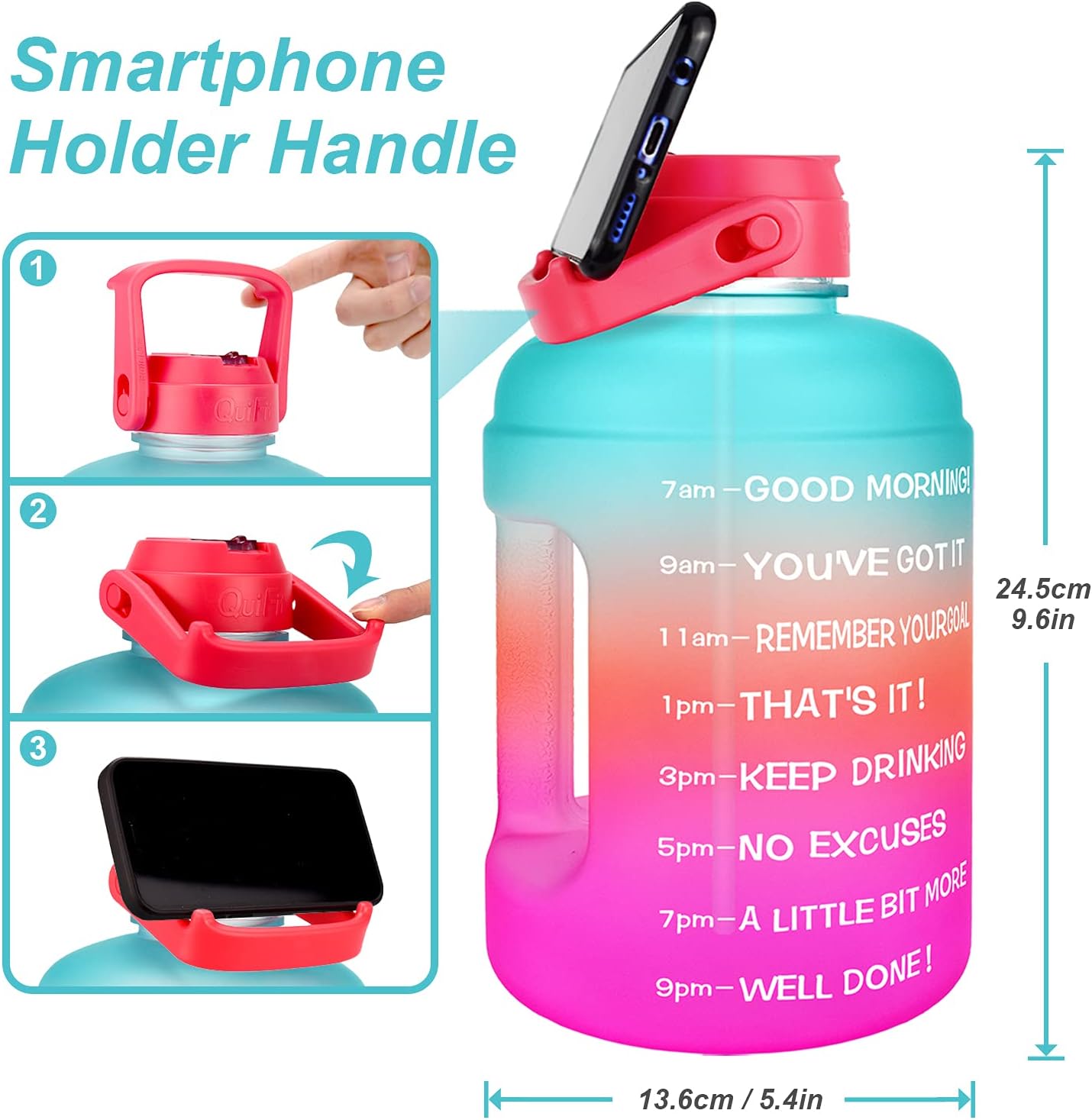 Thumbnail 3 de BuildLife 2.2L Motivational Water Bottle with Straw, Time Marker & BPA-Free (Green-Pink)