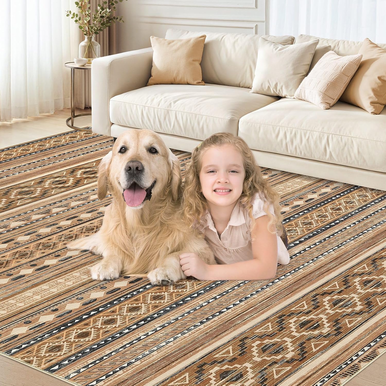 Detalle 2 de cotiled 8x10 Washable Boho Area Rug with Non Slip Backing (Brown/Beige)