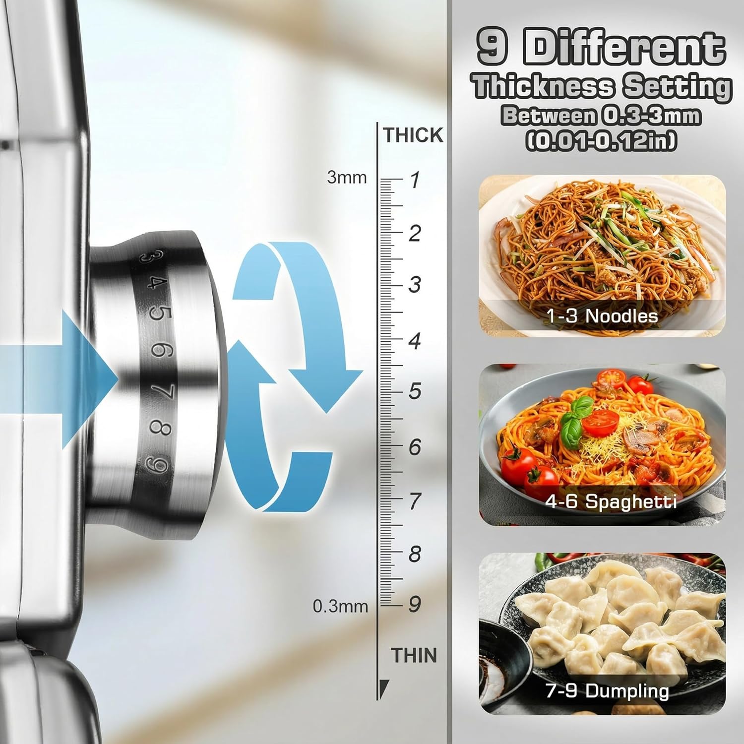 Detalle 2 de Sailnovo 3 in 1 Pasta Maker Machine with 9 Thickness Settings and 2 Width Cutters (Aluminum & Stainless Steel)