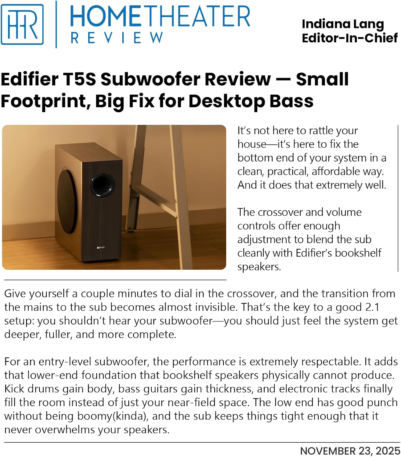 Detalle de Edifier T5s Powered Subwoofer, 70W RMS, 8-Inch Woofer, 35Hz Bass