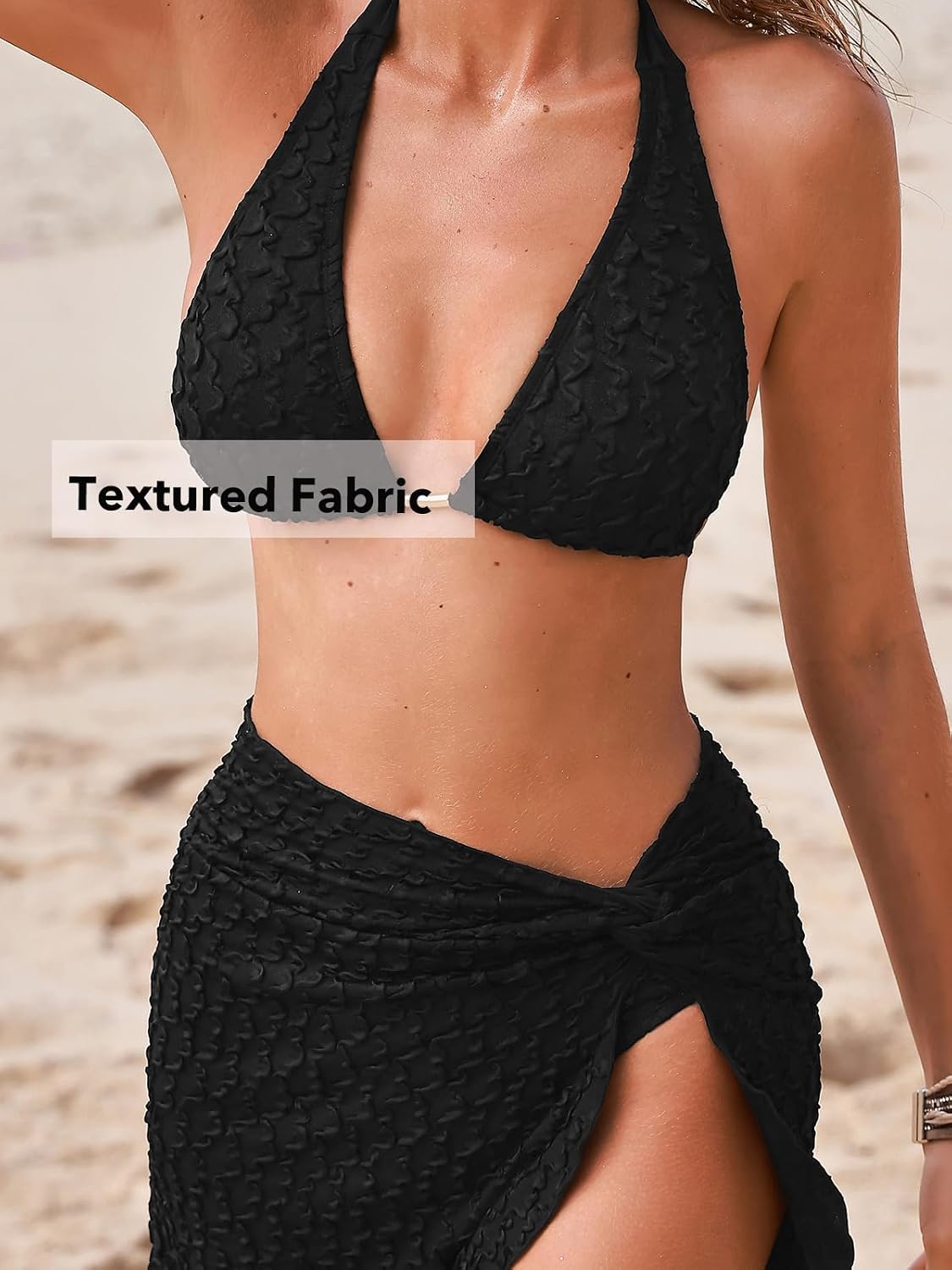 Detalle 2 de CUPSHE Damen Bikini Set V-Ausschnitt Dreiteiliges Bademode-Set mit Halter, Twist-Sarong und niedrigem Bund