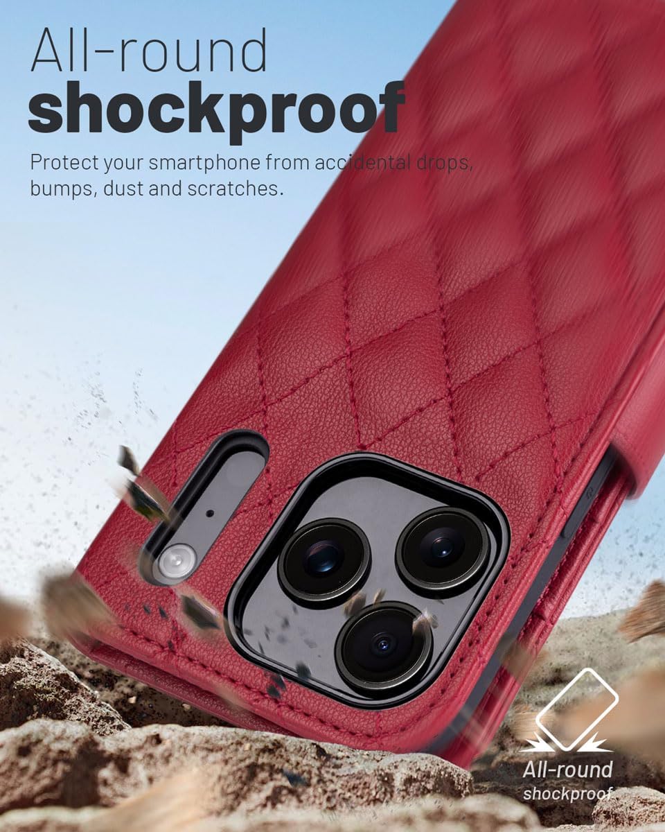 Thumbnail 5 de OCASE Hülle für iPhone 17 Pro Max 5G – Lederhülle mit Kartenfach, Magnet, RFID-Blocker und Standfunktion (Argyle-Rot)