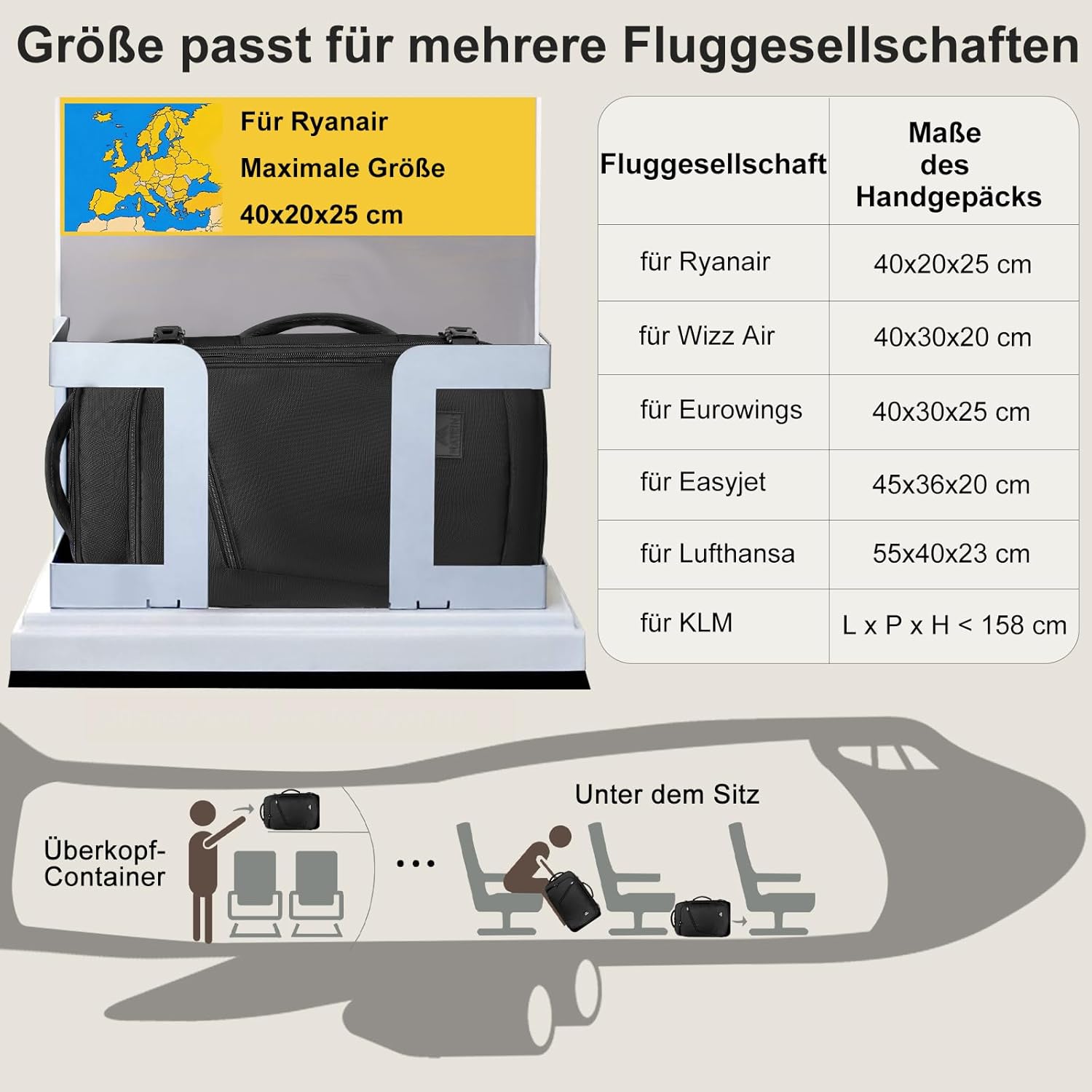 Thumbnail 1 de MATEIN Ryanair Handgepäck Rucksack 40x20x25 cm (20 l), erweiterbar, schwarz