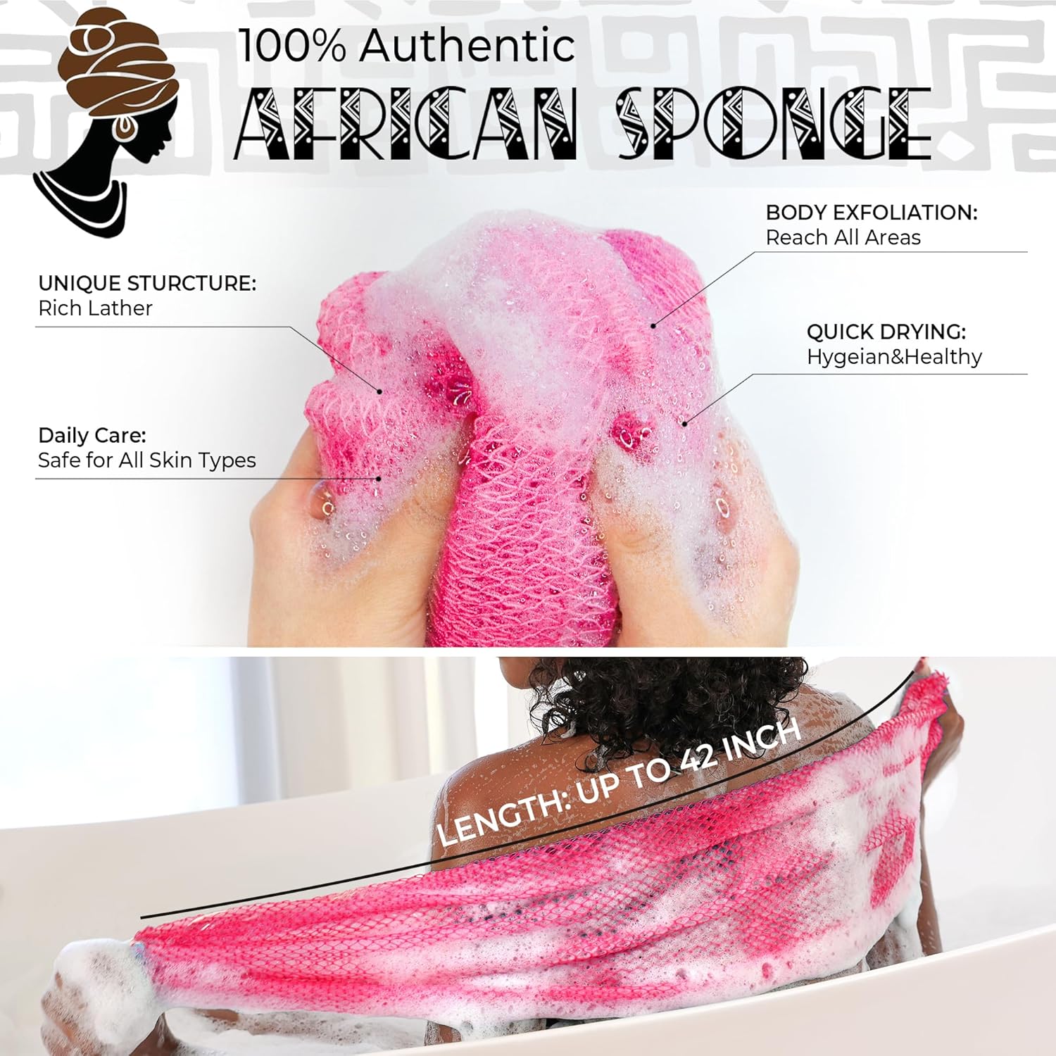 Detalle 2 de African Net Sponge Authentic - 2 Pieces Exfoliating Body Scrubber Bath Sponge with Back Reach