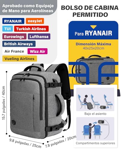 Thumbnail 2 de VANKEV Mochila de Viaje Cabina 40x20x25 cm (20L) para Ryanair – 14" portátil, gris