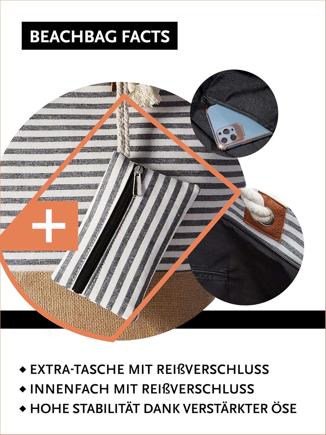 Thumbnail 2 de DonDon große Strandtasche XXL mit Reißverschluss – umhängetaugliche Badetasche Damen im Streifen-Look