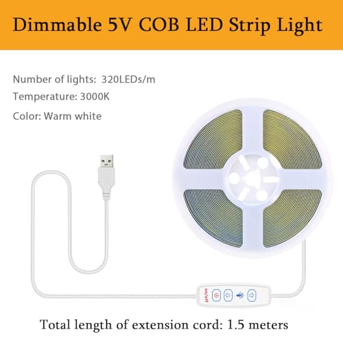 Detalle de Kimuwote Tira LED COB 3 m USB 5 V, 960 LED, 3000 K, atenuable y fácil de instalar