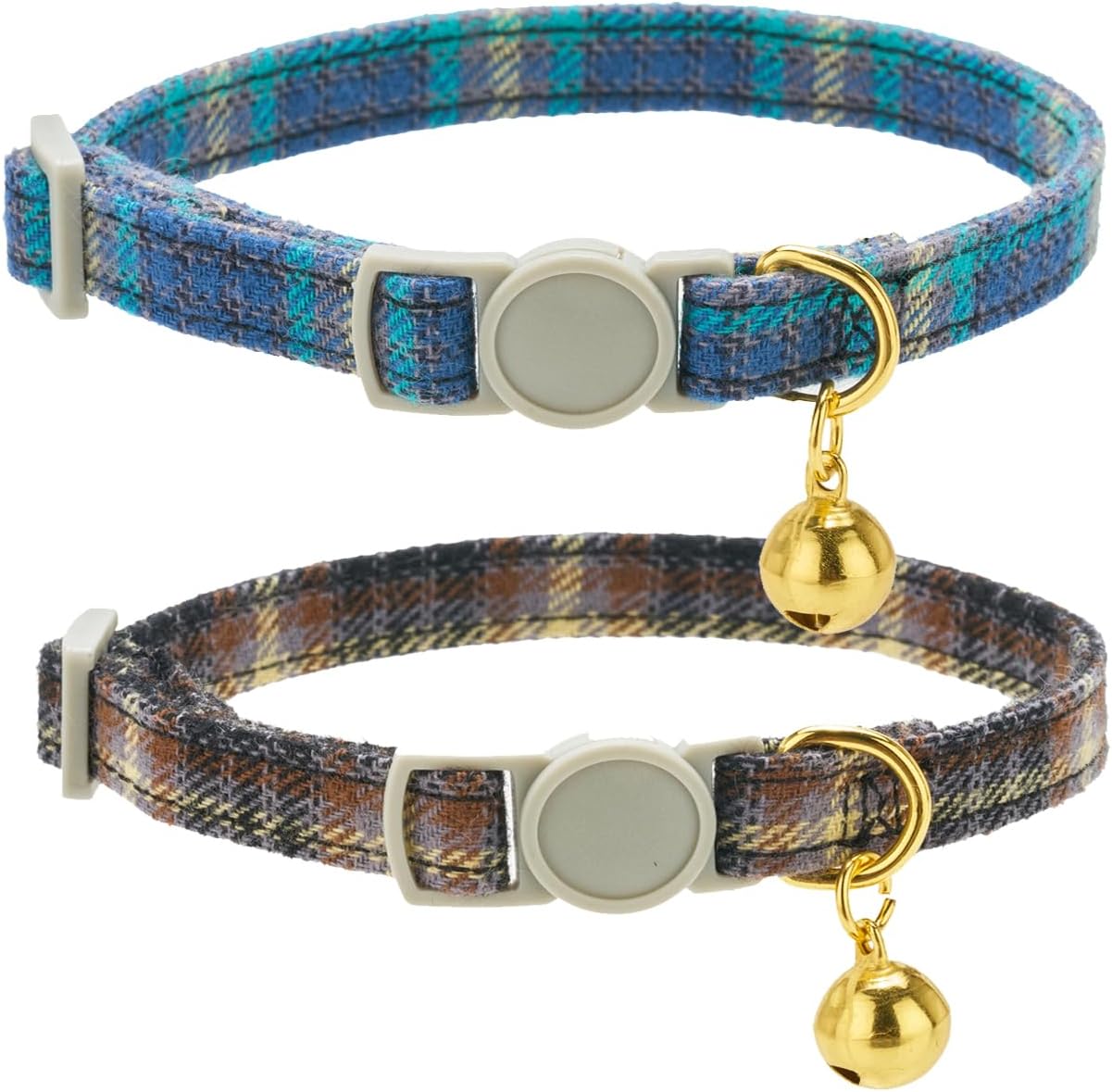 Detalle 2 de 2 Pack Cotton Cat Collars with Bunny Bow, Quick Release Safety Buckle (Brown & Teal Plaid)