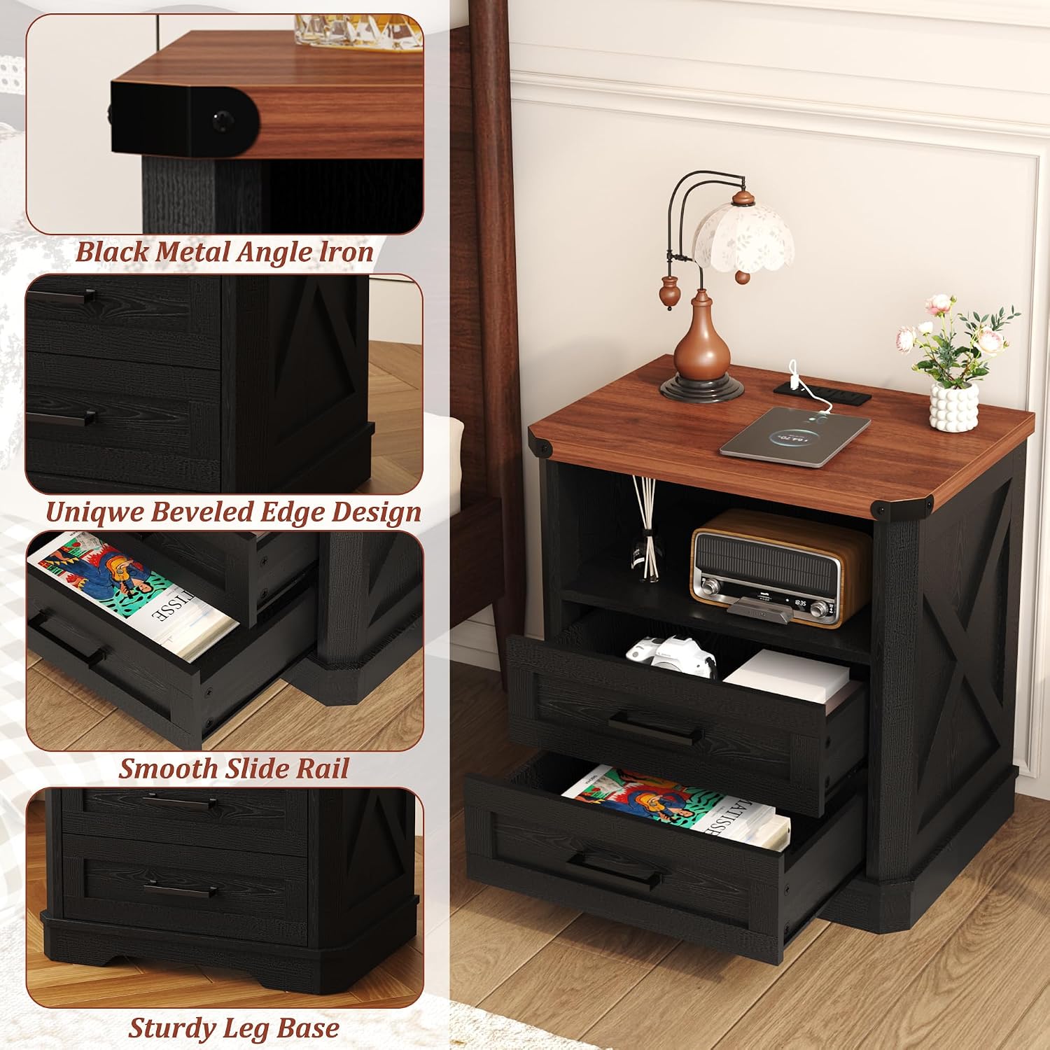 Detalle 1 de Yusong Nightstands Antique Black Farmhouse Nightstand with Charging Station