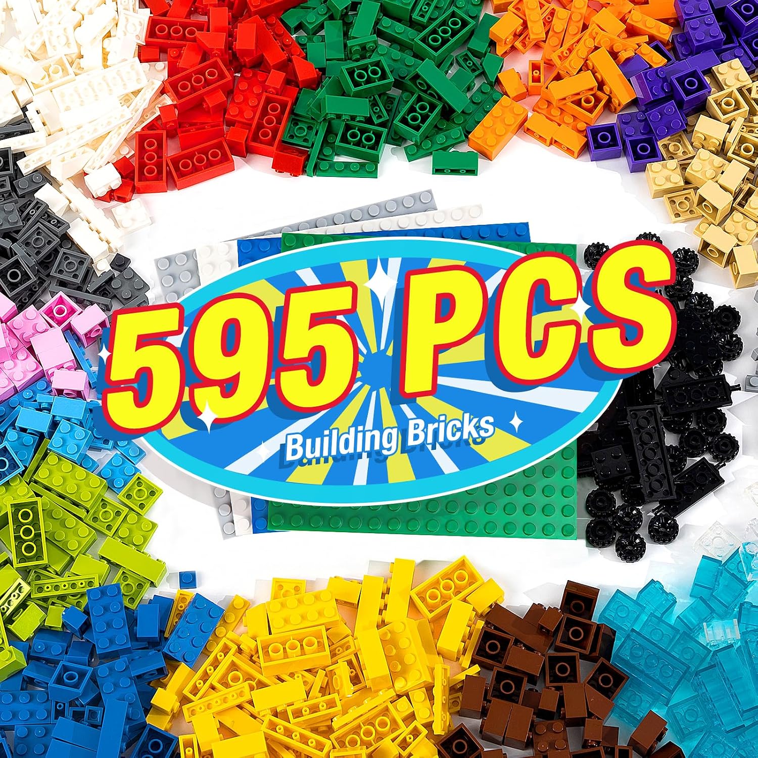 Thumbnail 6 de MANNIDOO 1600-Piece Building Bricks Set with 2 Packs Sticky Plate Base and Wheel Accessory (18 Shapes, 16 Colors)