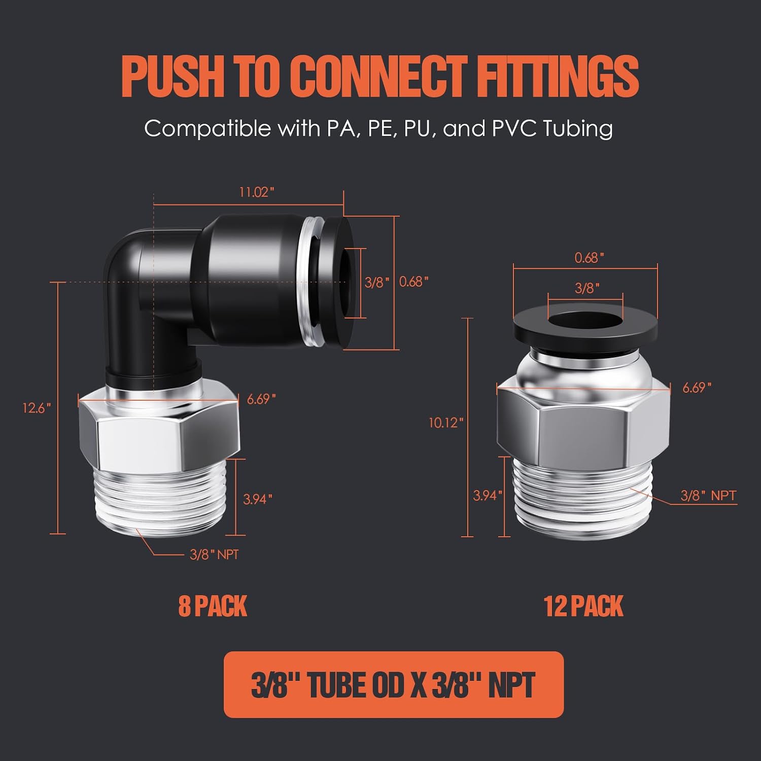 Detalle 2 de TRILINK QT0 Push-to-Connect Fittings, 3/8" OD x 3/8" NPT, 20-Piece Kit