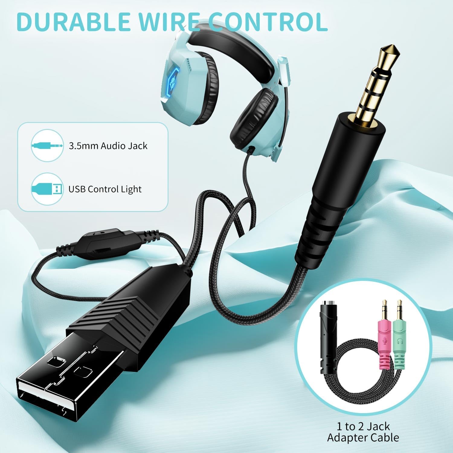 Detalle de Ozeino cuffie gaming con microfono, cancellazione del rumore e 3D surround per PS4, PS5 e PC (blu chiaro)