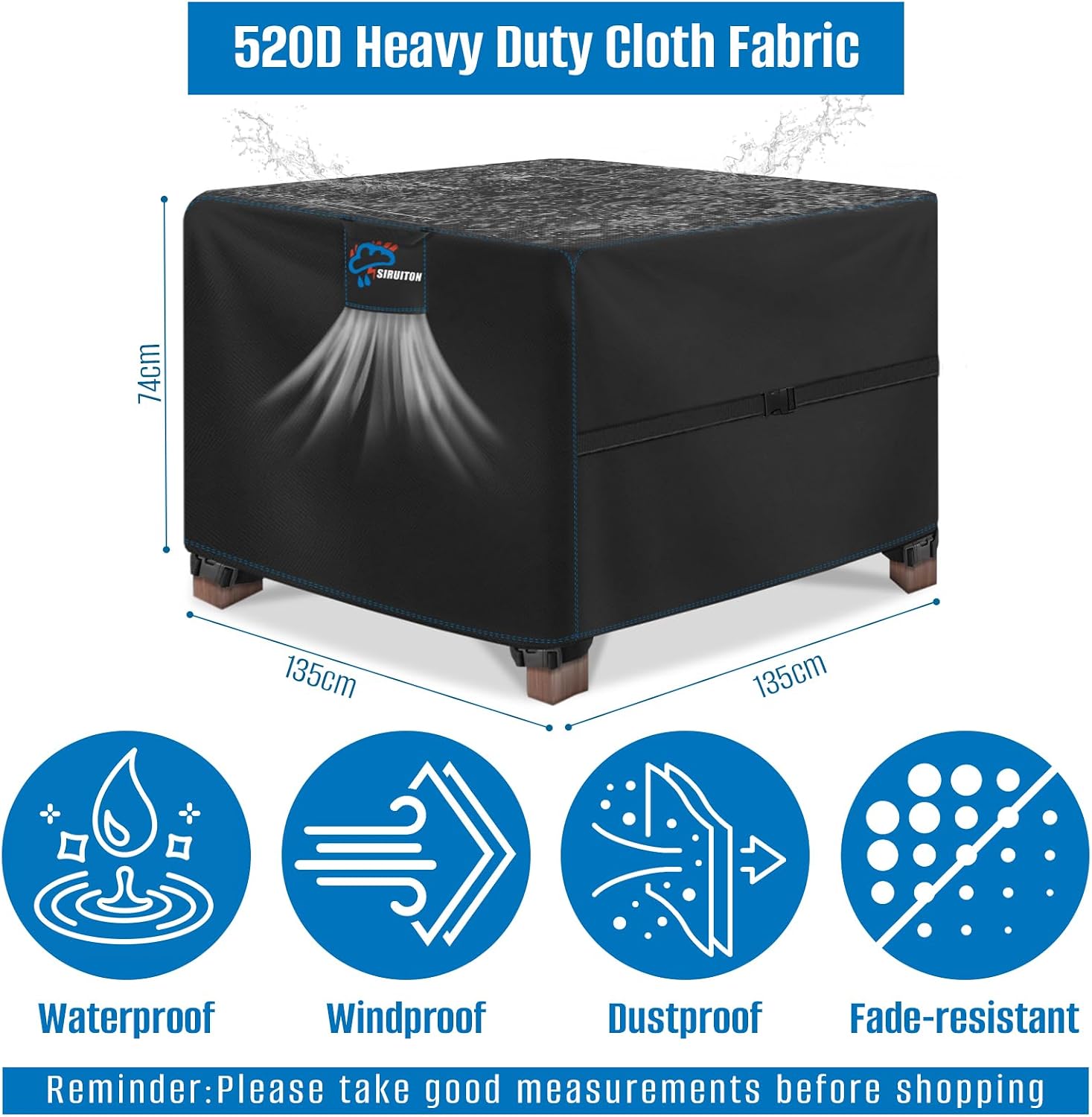 Thumbnail 1 de SIRUITON 135x135x74cm Cube Garden Furniture Cover – Heavy Duty 420D Oxford, Waterproof with Ventilation