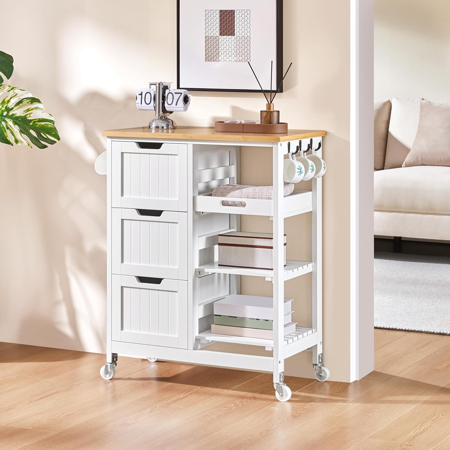 Detalle 2 de Yaheetech Carrello Cucina con Ruote 3 Cassetti e 3 Ripiani in Legno — Salvaspazio, Bianco, 67×37×84,5 cm