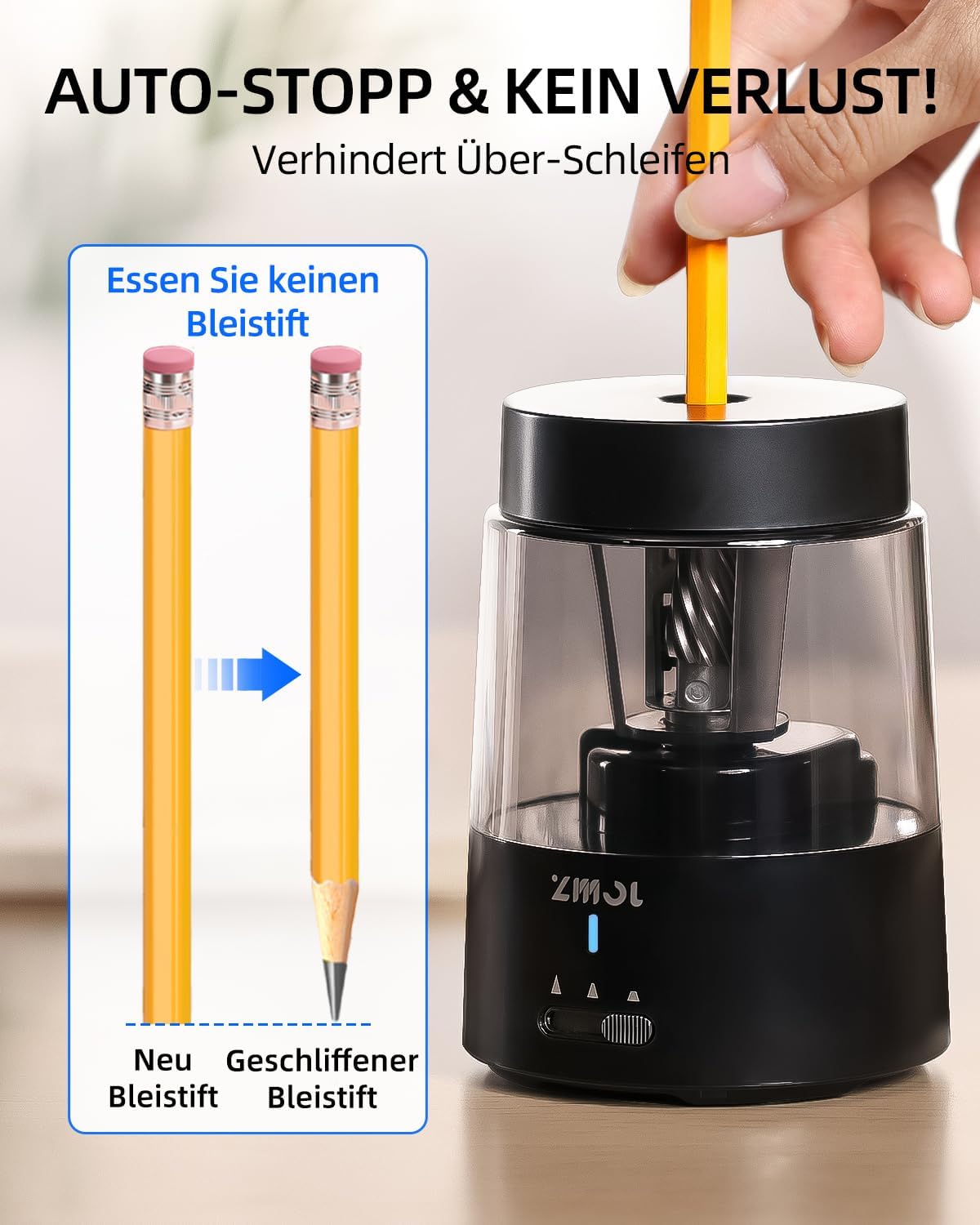 Detalle de ZMOL Elektrischer Bleistiftspitzer für Kinder – USB-C, Auto-Stopp, 6–8 mm, Schwarz