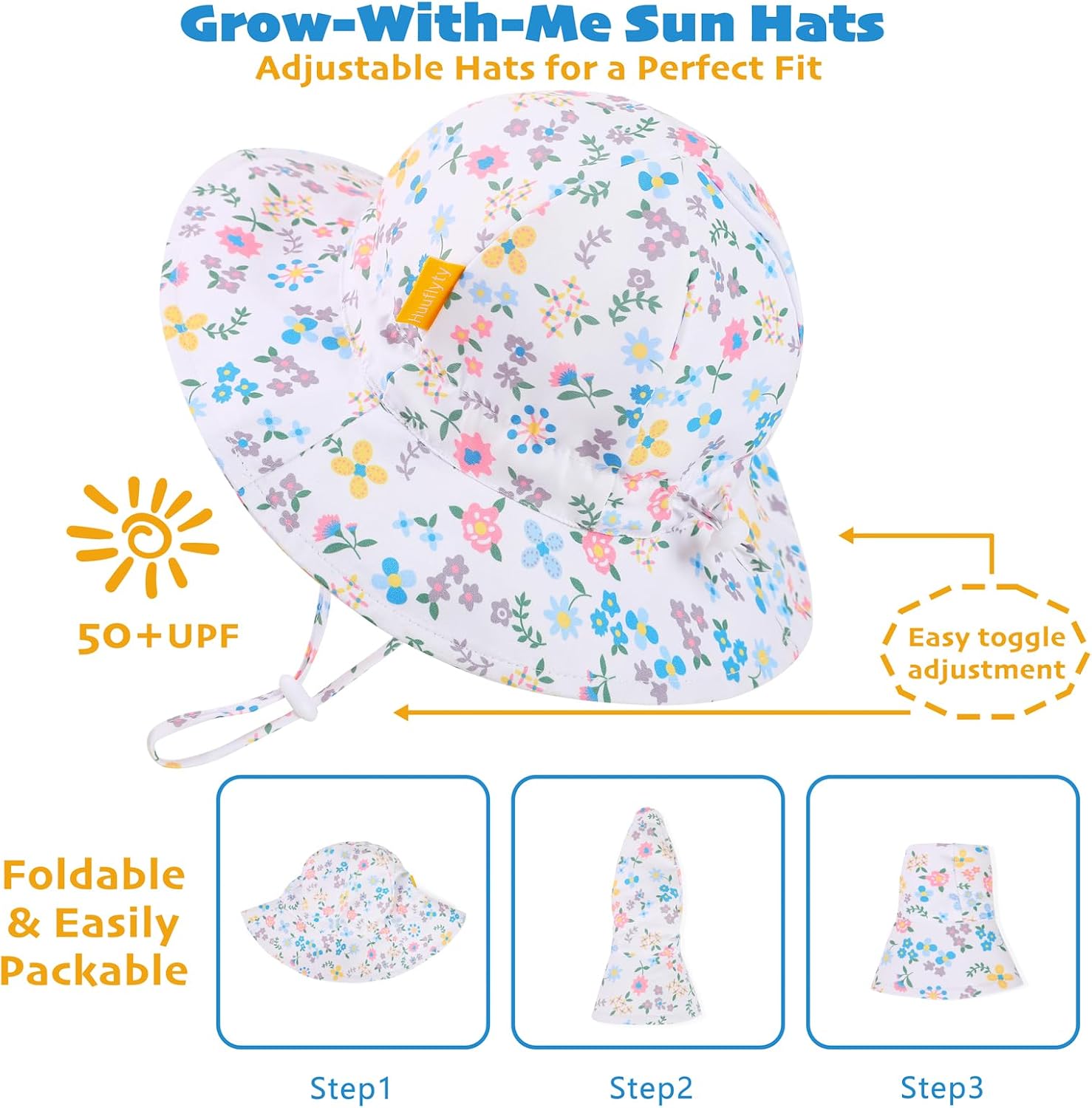 Detalle de Huuflyty Baby Girl Sun Hat, Adjustable Wide-Brim Bucket Hat, 50+ UPF